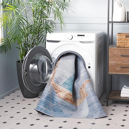 Miniatura 6 de SAFAVIEH Alfombra lavable Tacoma cuadrada de 6 pies, color azul y dorado, antideslizante y fácil limpieza, ideal para sala de estar, dormitorio,