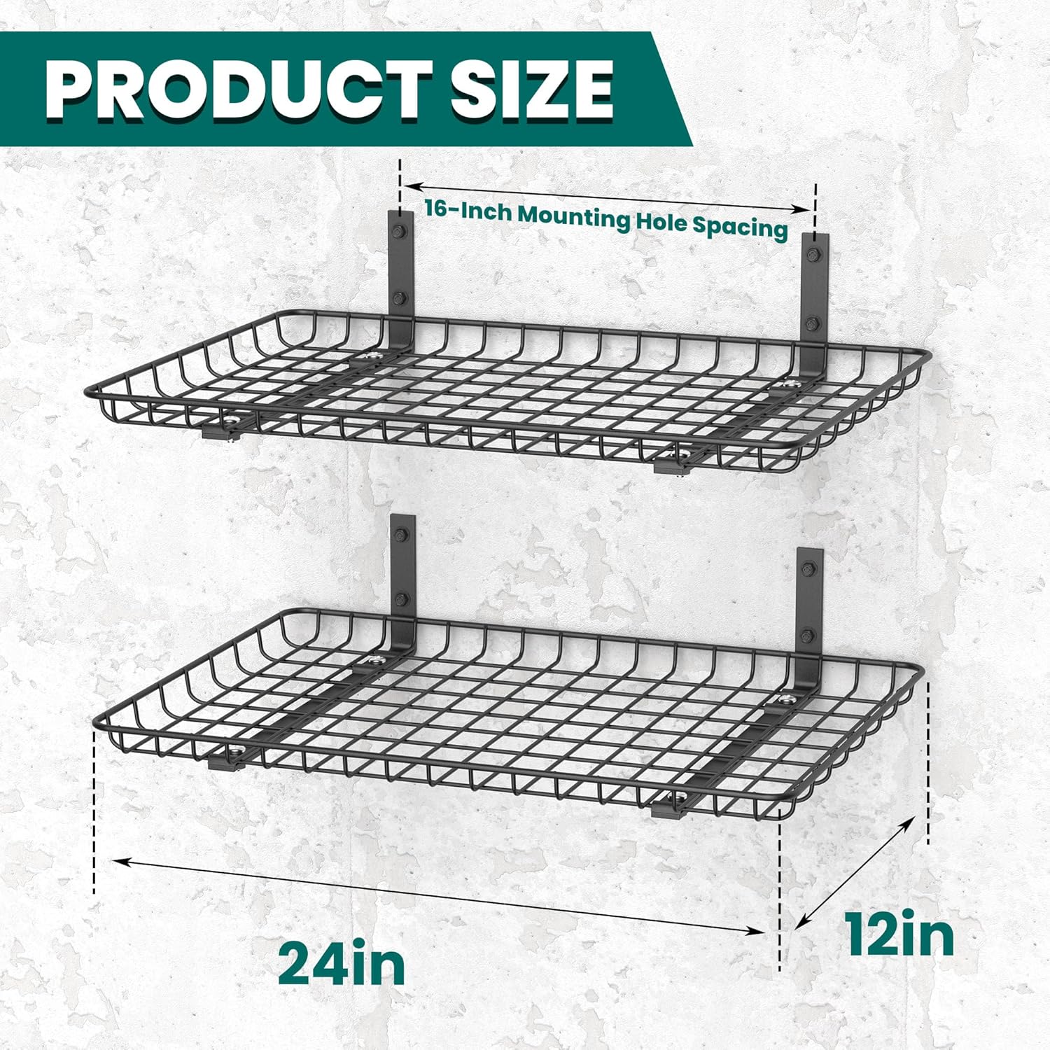 everhanger garage wall shelves 12x24 inch, wall mounted storage shelf, metal shelf rack, heavy-duty shelf organizer 2 pack, black