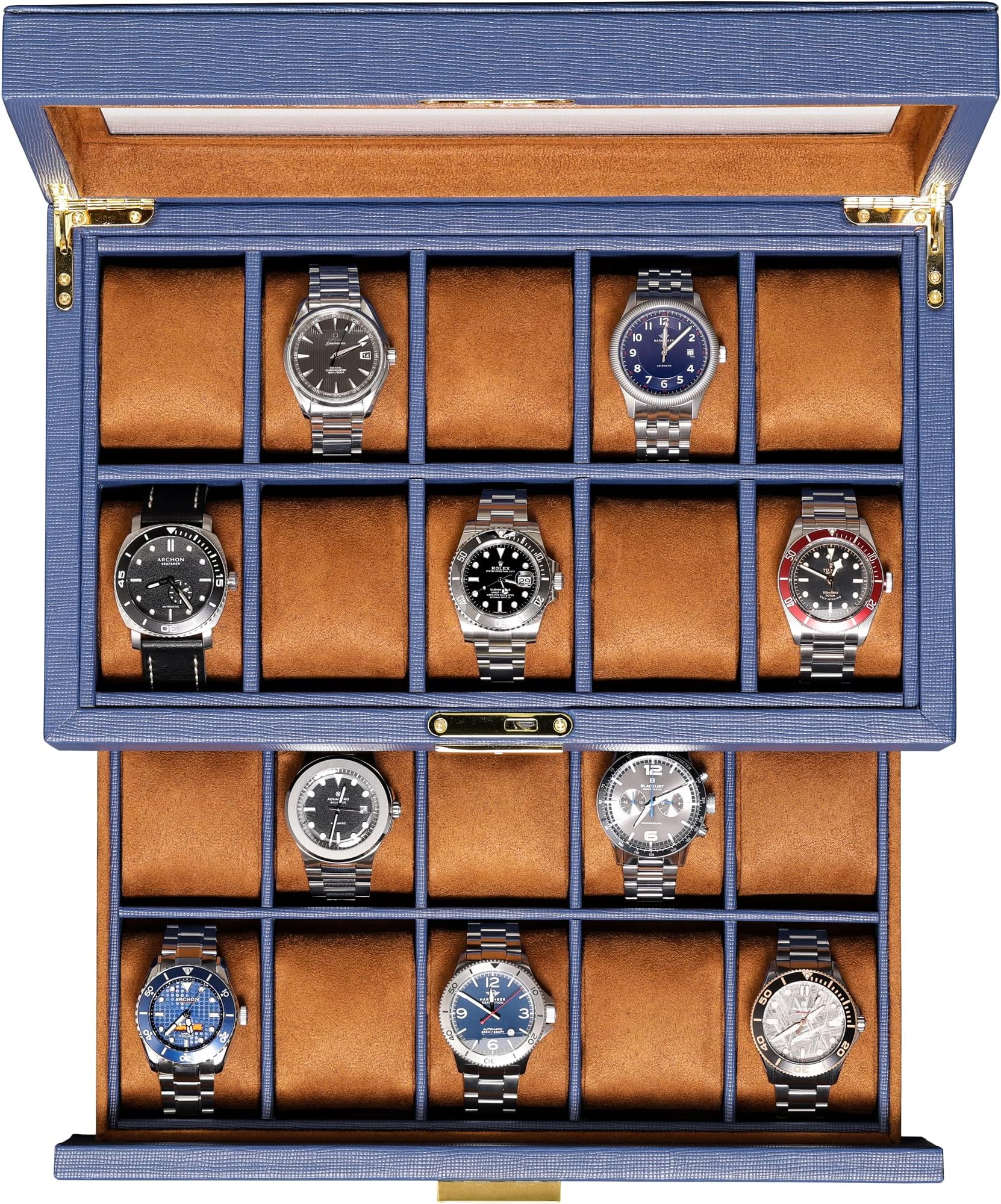 ROTHWELL 20 Slot Leather Watch box - Luxury Case Display Jewelry Organizer, - Locking Display Case Holder with Large Real Glass Top - Watch Box Organizer for Men and Women (Blue/Tan)