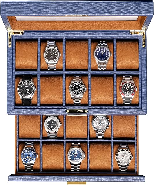 ROTHWELL 20 Slot Leather Watch box - Luxury Watch Case Display Jewelry Organizer, - Locking Watch Display Case Holder with Large Real Glass Top - Watch Box Organizer for Men and Women (Blue/Tan)