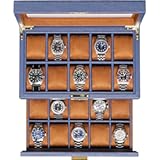 ROTHWELL 20 Slot Leather Watch box - Luxury Case Display Jewelry Organizer&comma; - Locking Display Case Holder with Large Real Glass Top - Watch Box Organizer for Men and Women &lpar;Blue&sol;Tan&rpar;