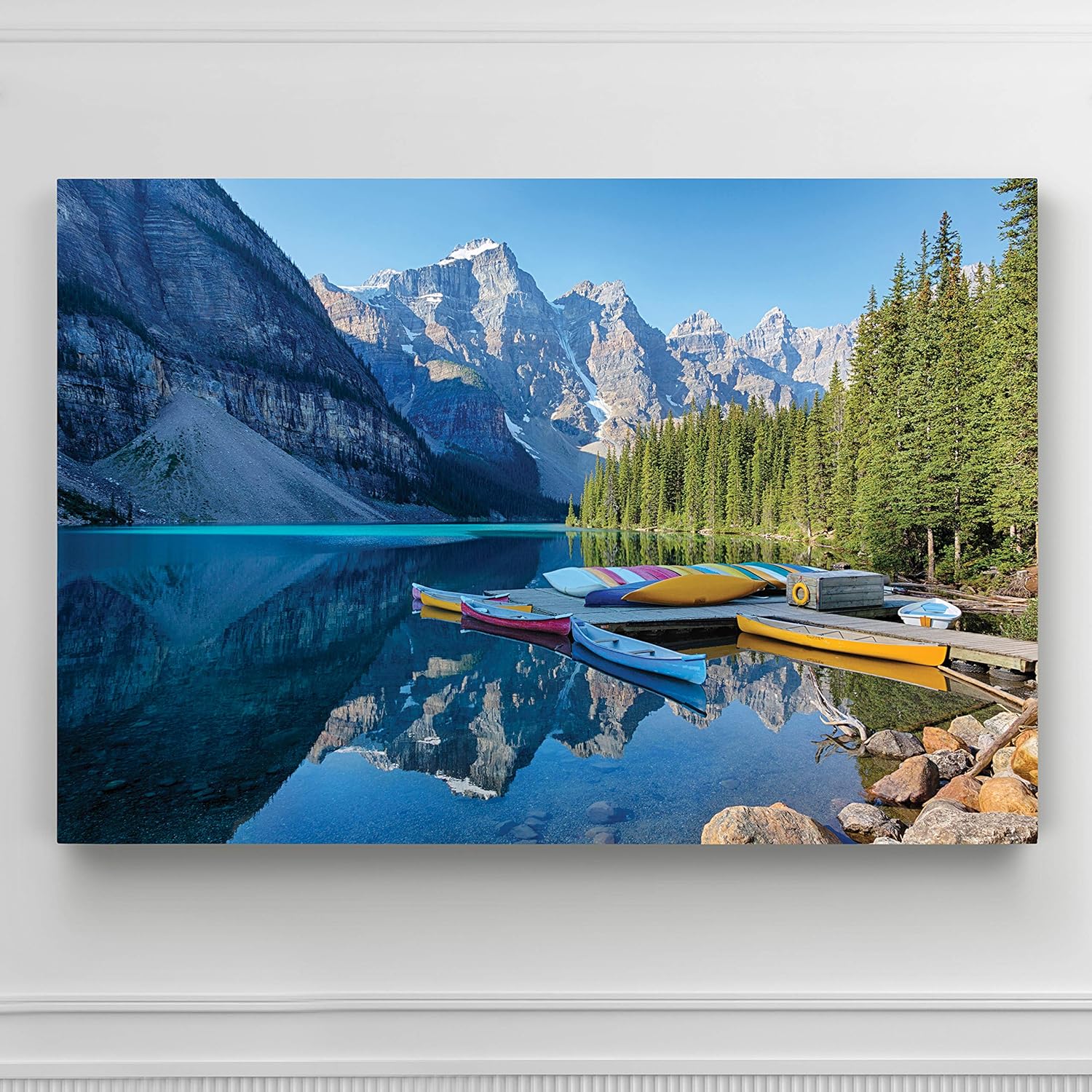 Renditions Gallery Nature Home Decor for Home Banff Canoe Docked along side Mountain Lake Canvas Hanging Artwork for Bedroom Living Room Office Wall - 18"X27" LT08