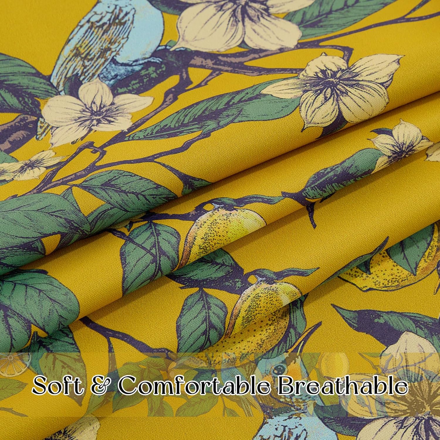 NICETOWN Mustard Yellow Vintage Curtains 84 Inches Long, Mid Century Illustration Style Lemon Hummingbird Patterned Room Darkning Drapes for Living Room, Bedroom, Thermal Drapes 2 Panels, W52 x L84 in