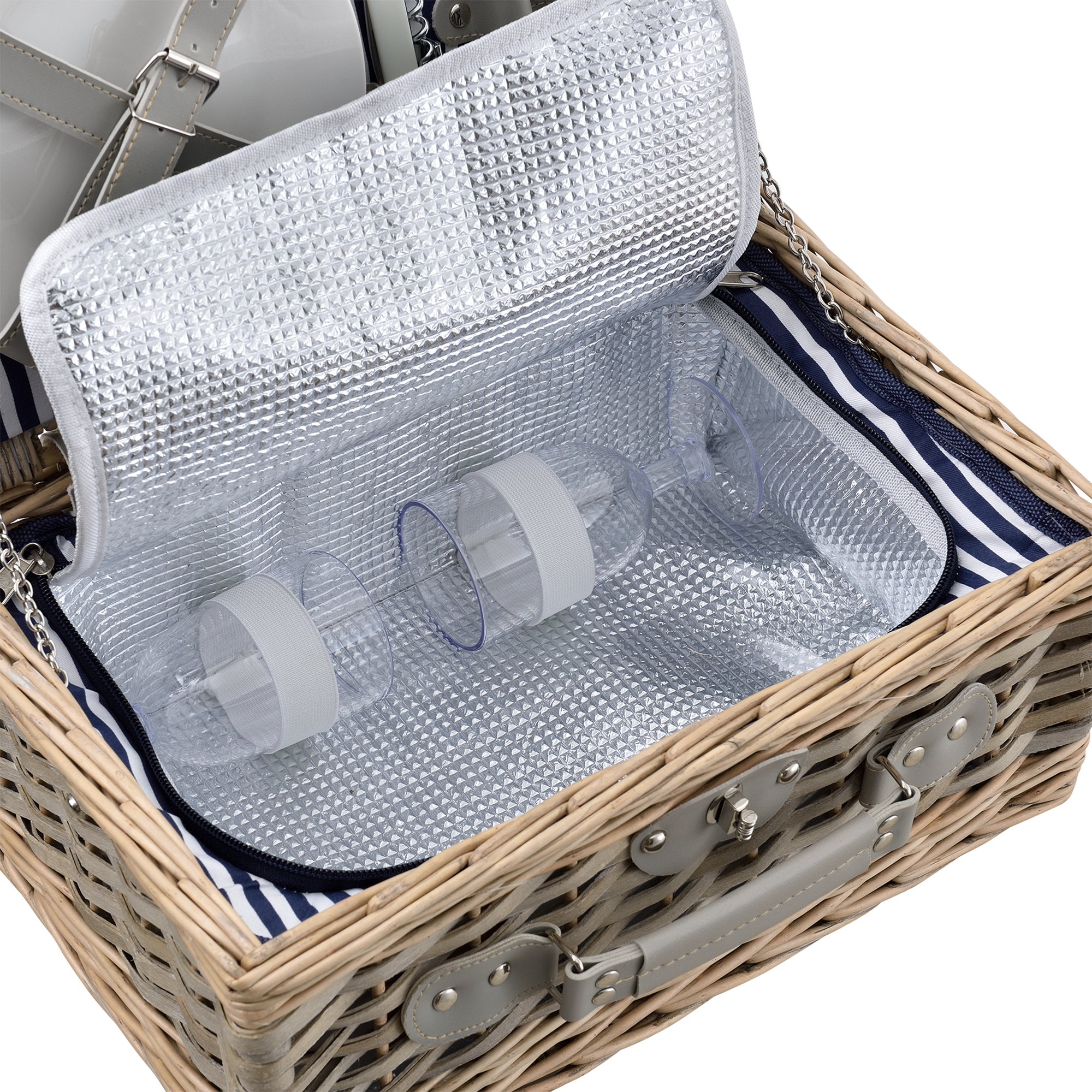 casa.pro Picknickkorb für 2 Personen Picknick-Set mit Kühltasche inkl. Geschirr Besteck Korkenzieher und Gläser Blau-Weiß