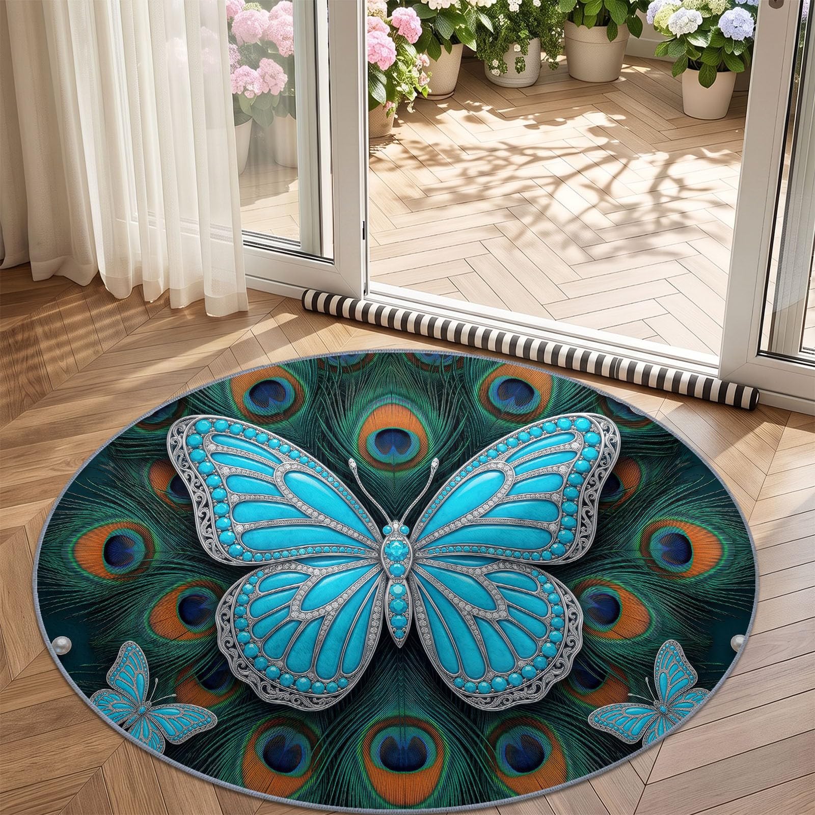 Générique Tapis Chambre Enfant Bébé Fille Garçon Rond 200 cm Insecte Magnifique Papillon & Plumes De Paon - Grand Doux Rampant pour Petite Chambre d'enfant Salon, Bleu