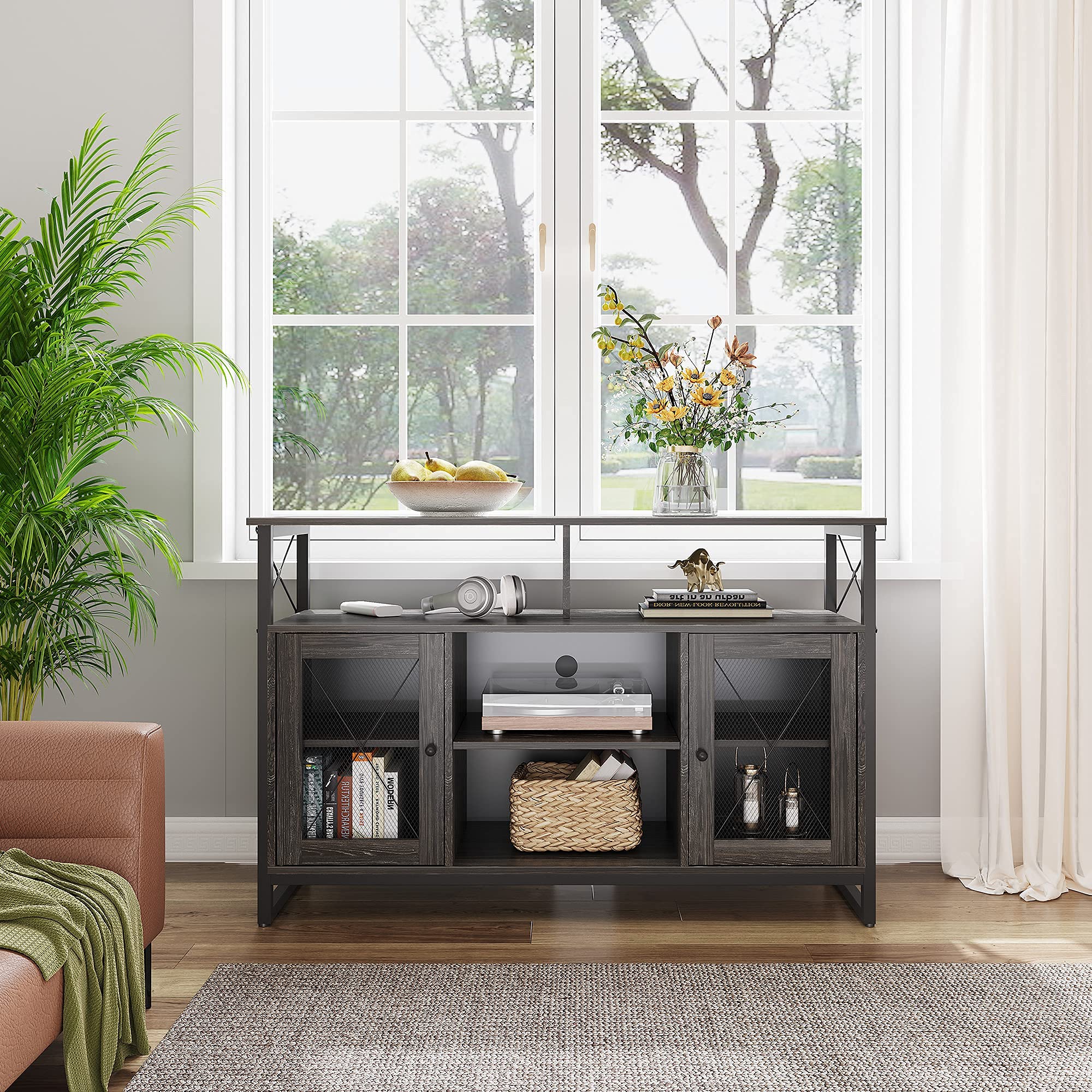 WLIVE Entertainment Center for 55 inch TV, Farmhouse TV Stand with Storage Cabinet, Industrial TV Console for Living Room, Bedroom, Gray Oak