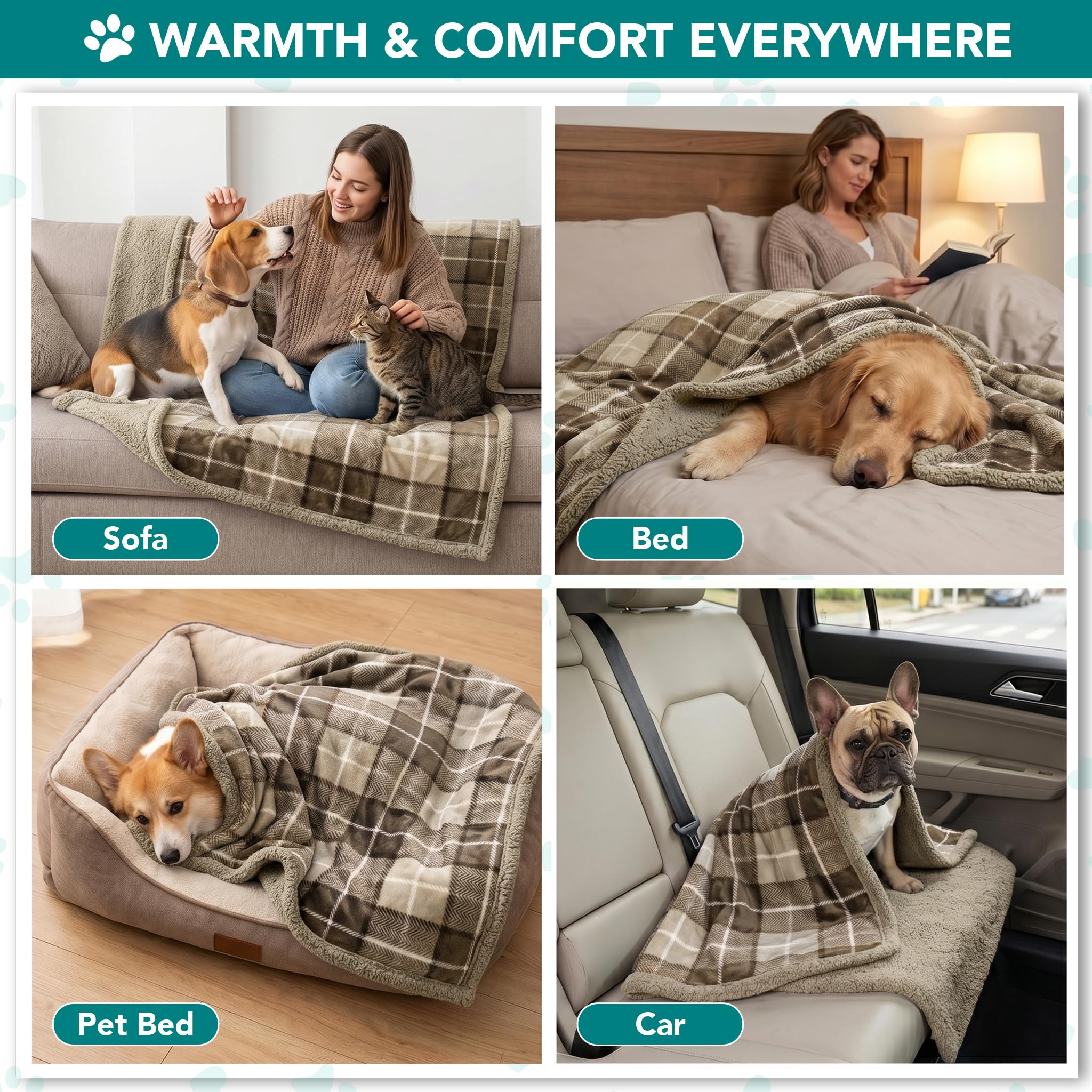 Manta de Perro PetAmi para Cama sofá: Manta para Mascotas de Sherpa Suave y acogedora, Forro Polar de Microfibra, Reversible, para Cachorros y Perros Grandes