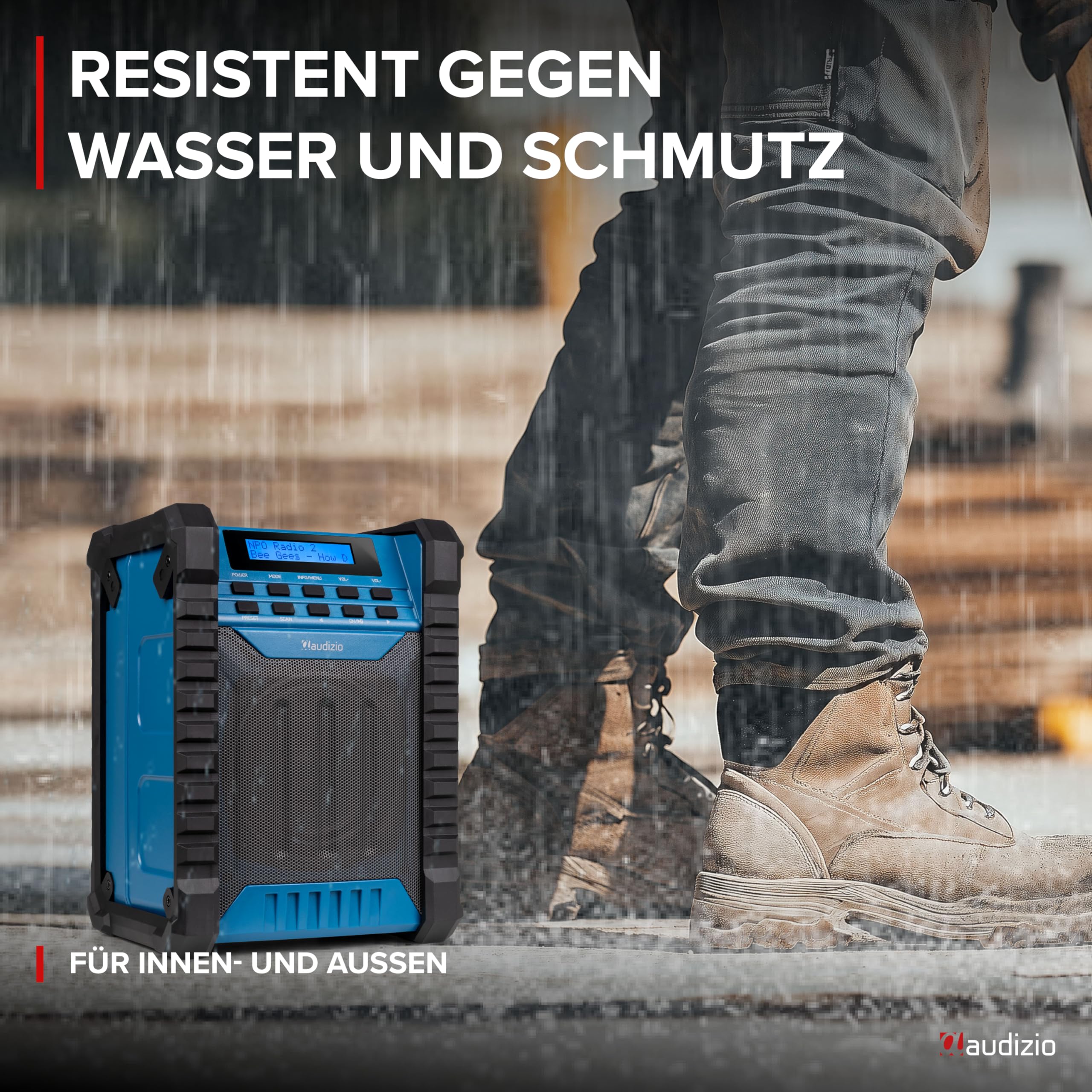 Audizio Jobsite - Baustellenradio DAB Plus Radio mit Bluetooth 5.0, Akku 8h, 100 Watt Leistung, IP54 Wasserdicht, FM, Tragegriff, DAB+, Werkstattradio mit AUX & USB, Outdoor Radio