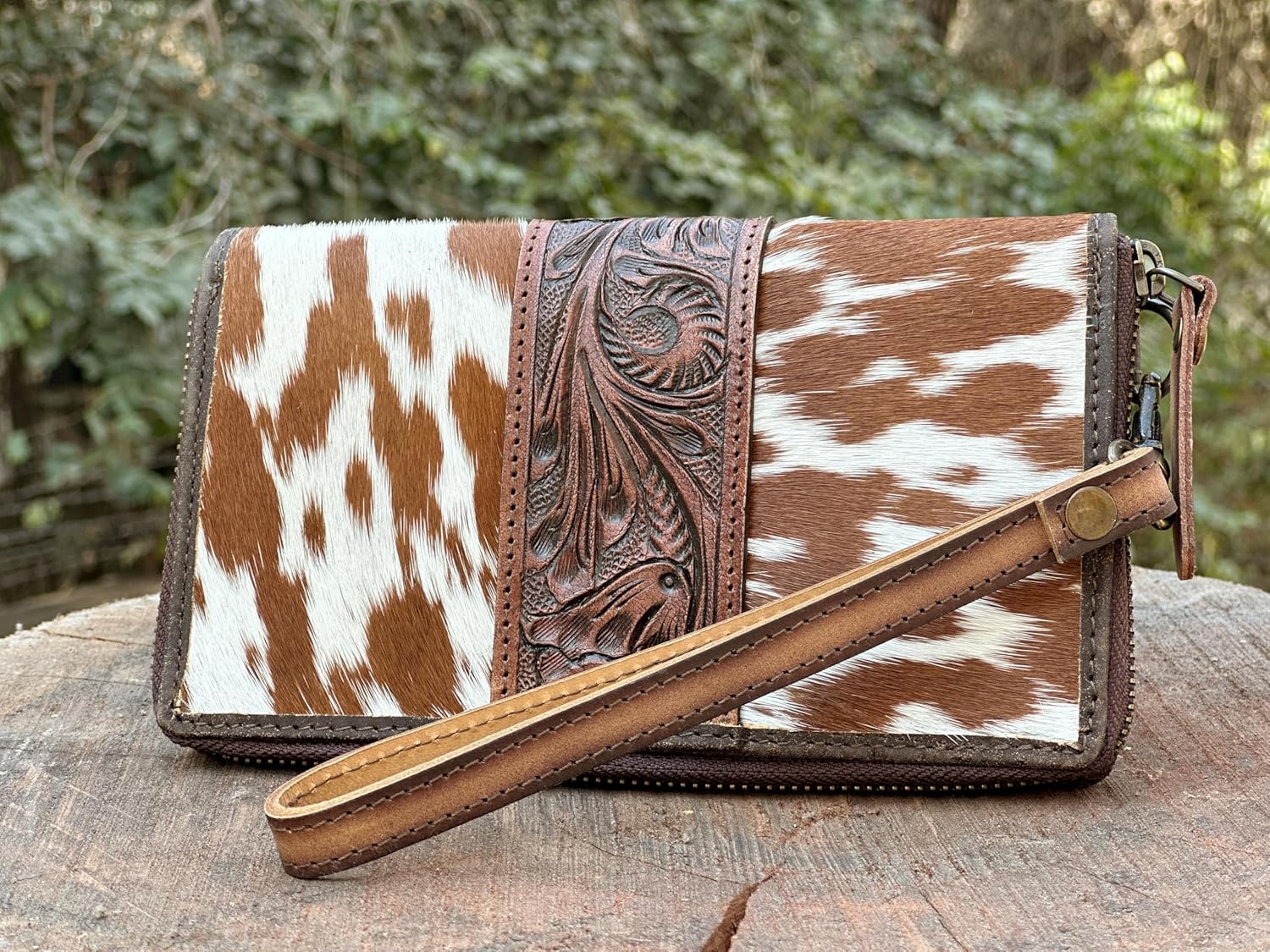 Clutch for Women Designer Card Wallet for Women Cowhide Fur with hand tooling Design on leather wallet for Women Leather (Brown) - Image 4