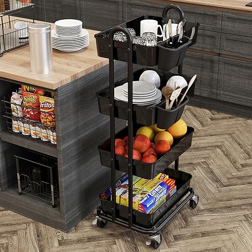 Miniatura 58 de Simple Houseware Carrito de cocina de 3 niveles multifuncional con ruedas y 2 divisores y cubo colgante, color negro Negro,Rojo,Turquesa,Blanco