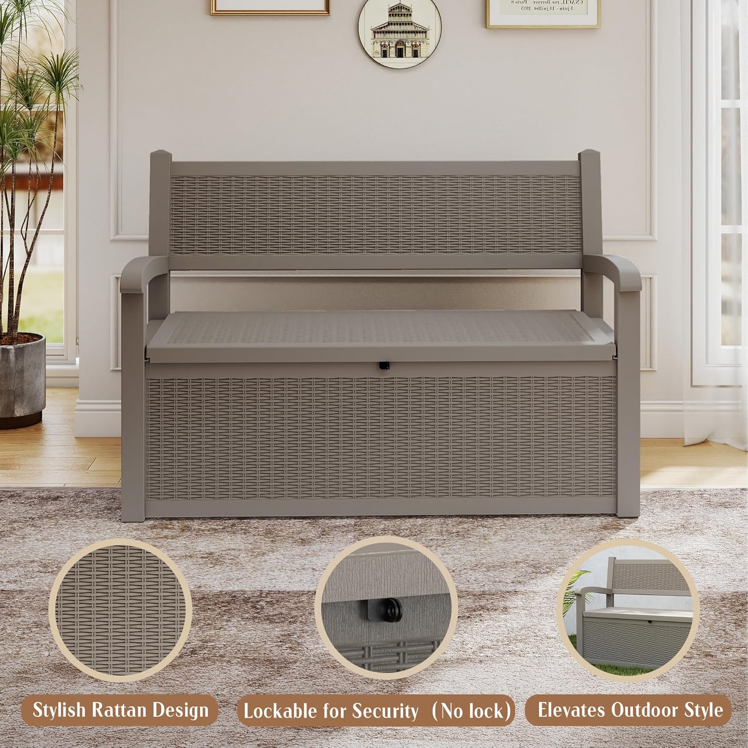 ROJIK 80 Gallon Storage Bench Deck Box Outdoor with Armrests, Resin Storage Furniture Waterproof Lockable for Porch Patio and Garden,Sturdy and Durable, Grey