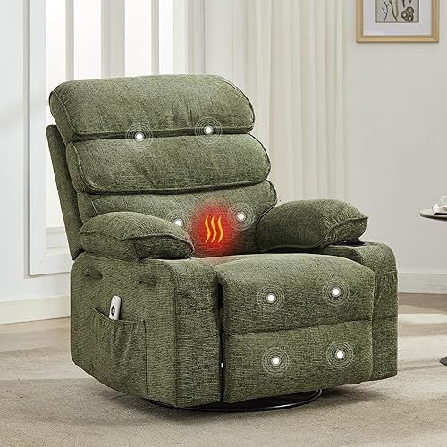 Massage Rocker Recliner with Heating,360° Swivel Glider Recliner Chairs for Adults，Linen Nursery Chair with Side Pocket,Two Cup Holders for Living Room Bedroom