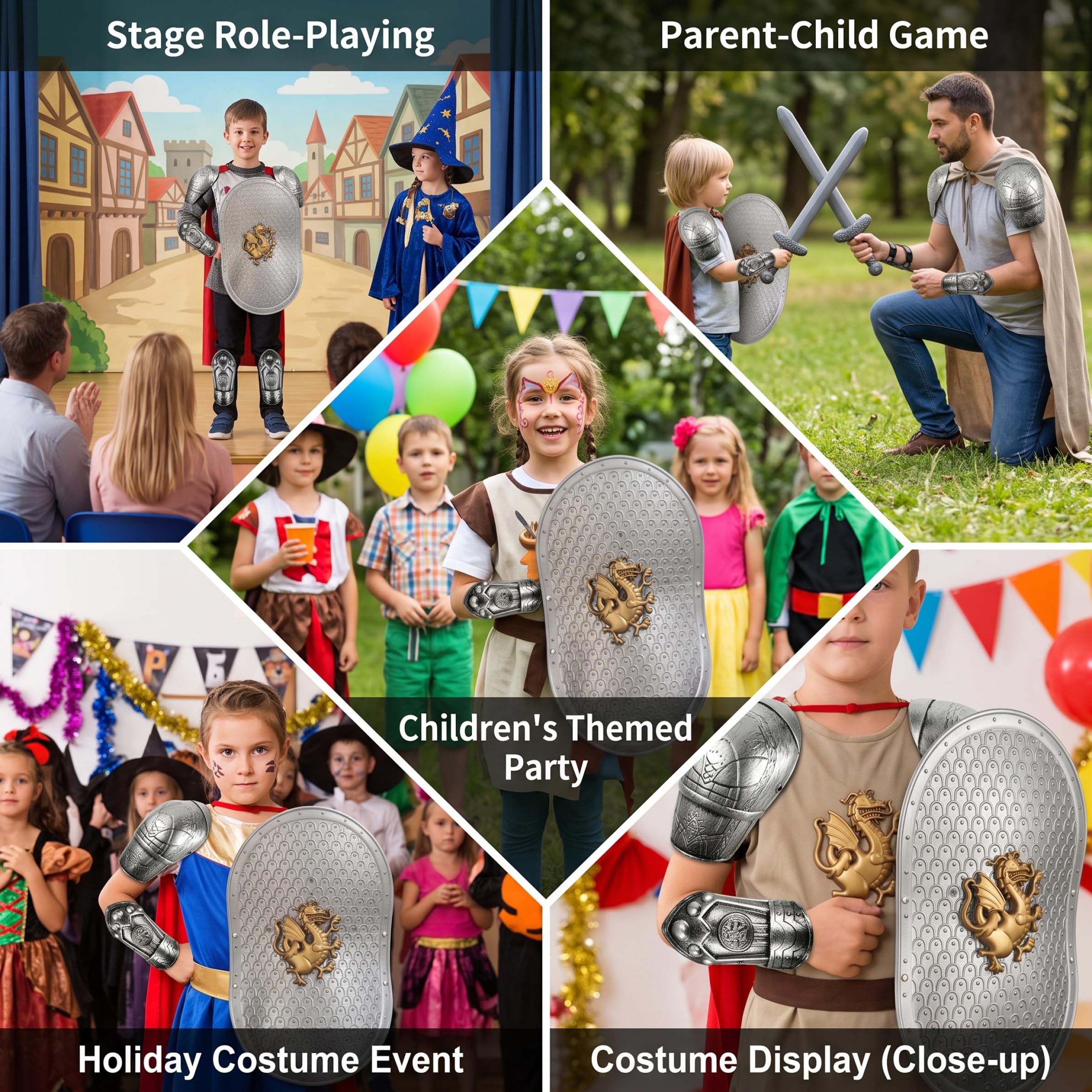 Set armatura medievale per bambini, costume da cavaliere con drago guerriero vichingo per bambini, con protezioni per spalle e polsi, argento, taglia bambino