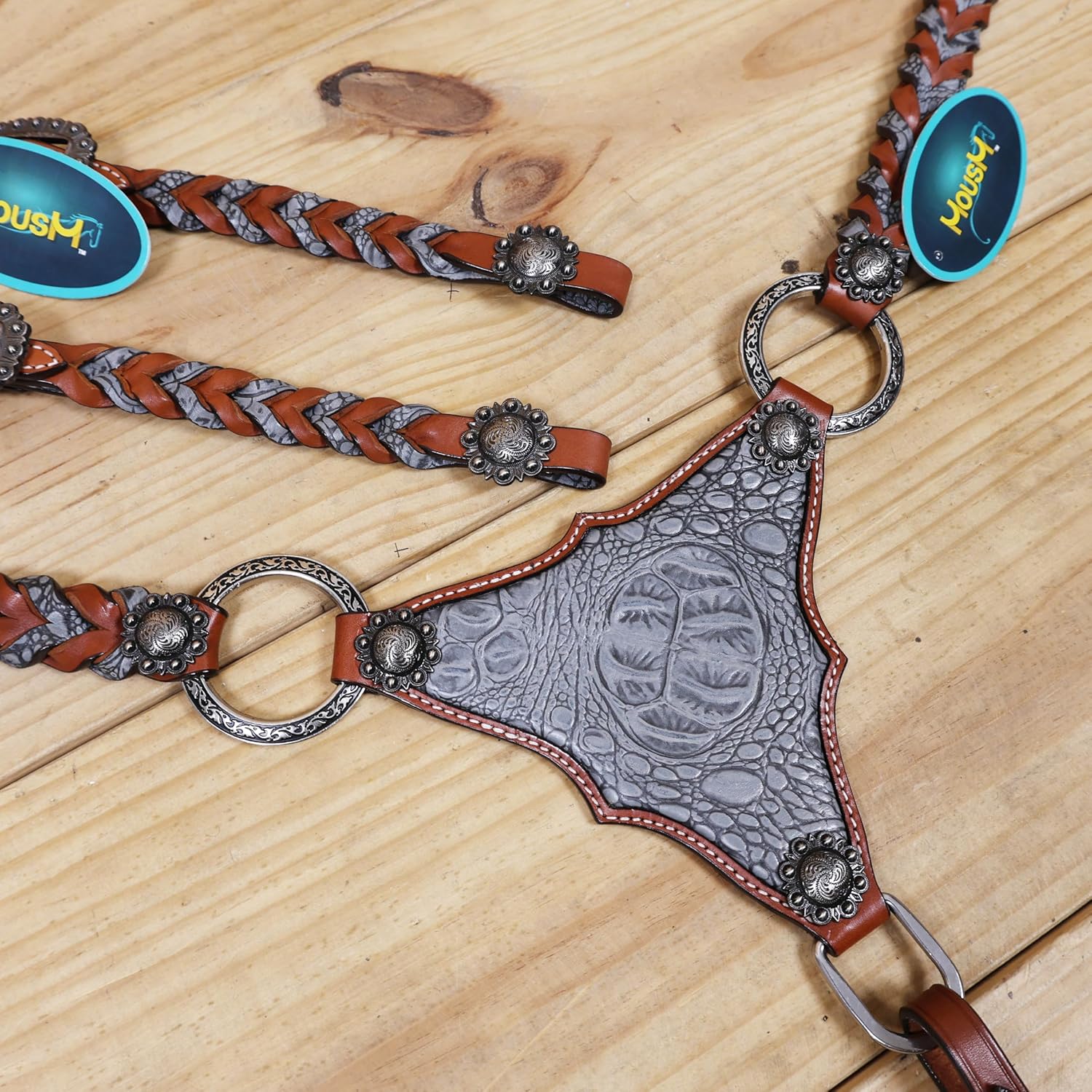 Western Leather Headstall and Breast Collar Tack Set with Twisted Leather Braiding, Grey Alligator Inlay, and Engraved Rings on Gladiator Style Breast Collar by