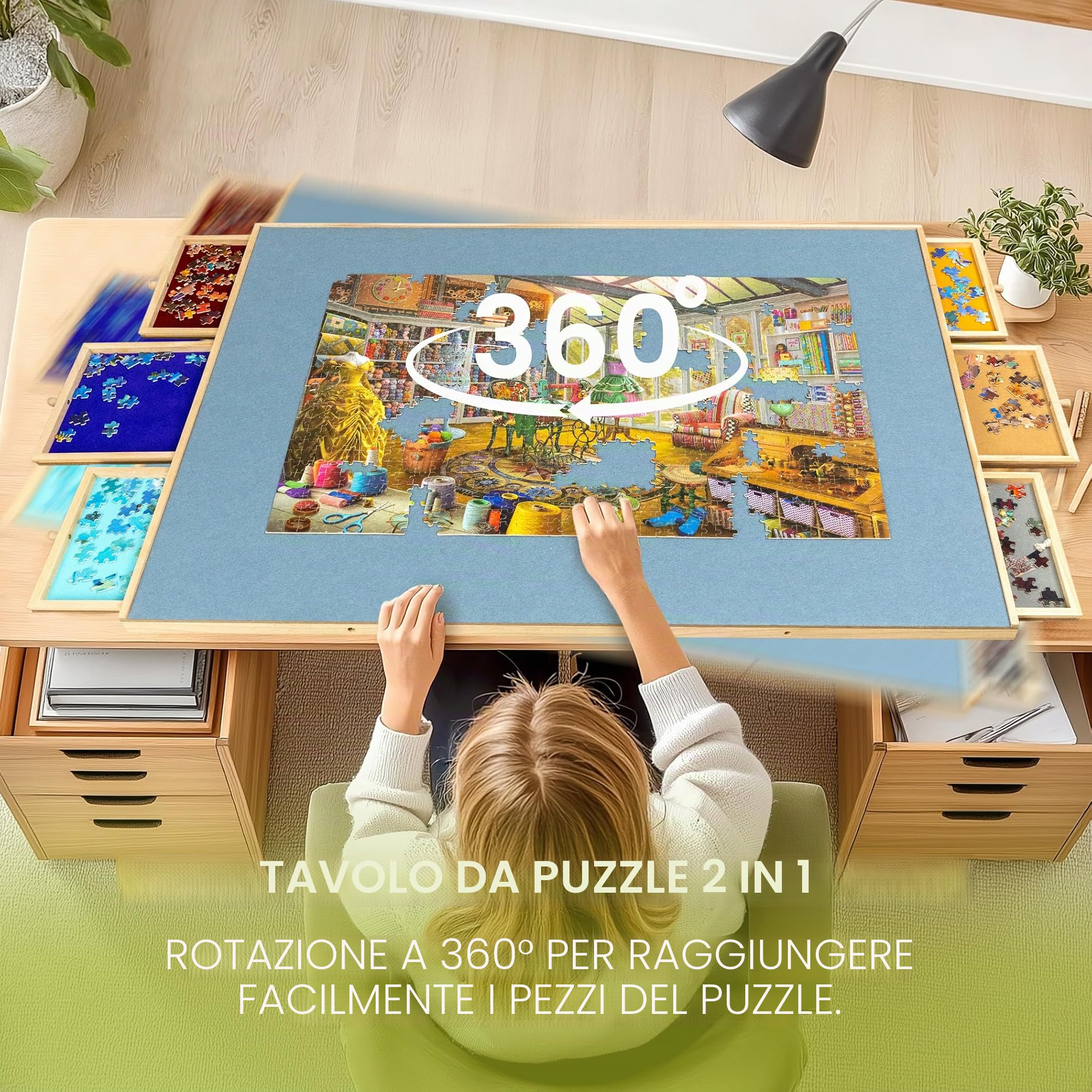 Lavievert Tavola puzzle girevole e inclinabile, 2000 pezzi, tavolo regolabile con cavalletto integrato, portaoggetti per adulti