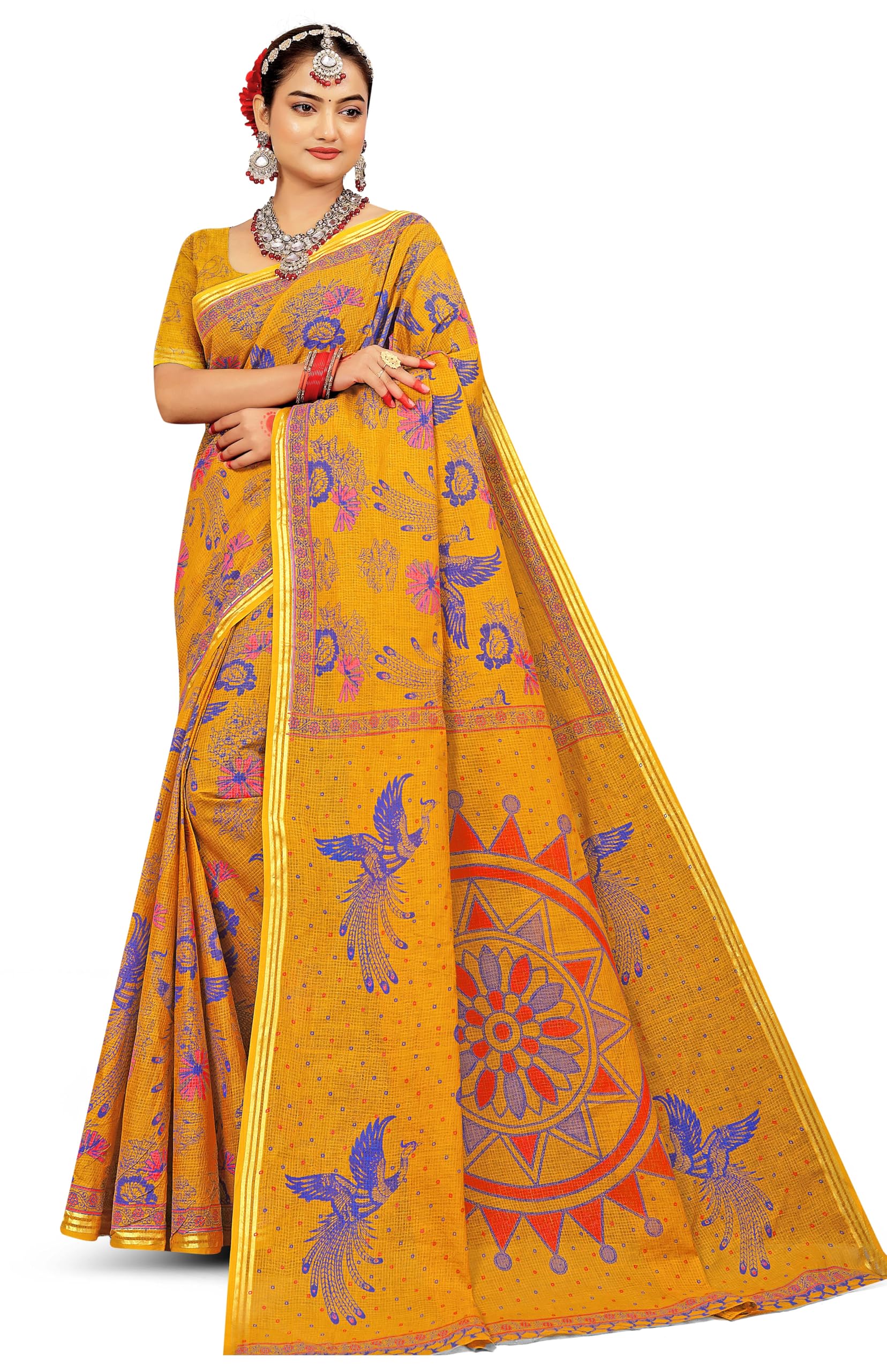 Women Cotton Saree with Blouse Piece, Mustard and Blue, Printed Peacock and Floral Design, Festive and Wear Party-picture-43