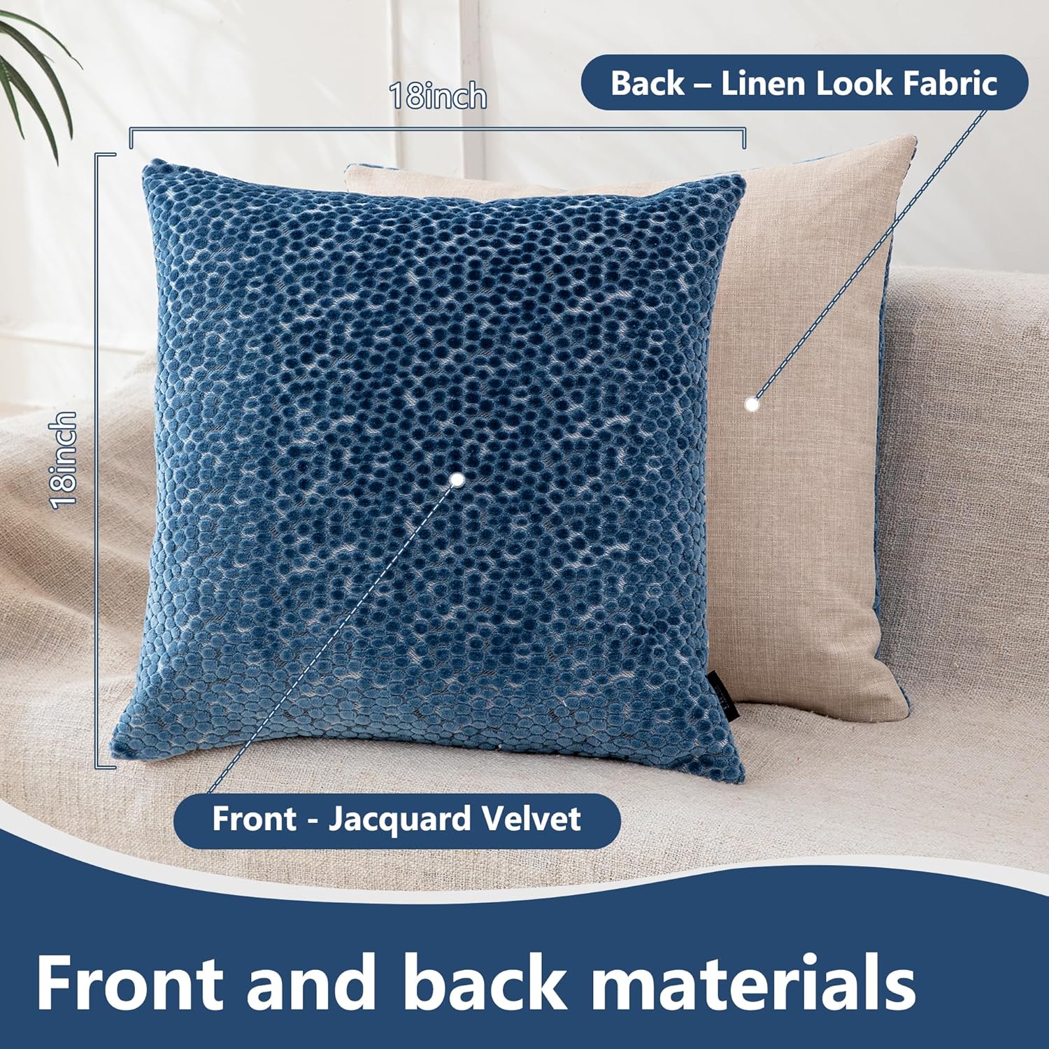 FIFU Couch Throw Pillow Covers 18x18 Inch Set of 2 - Jacquard Velvet Front & Neutral Textured Back, Decorative Cushion Covers with Invisible Zipper for Living Room, Bedroom & Home Sofa, Oxford Blue