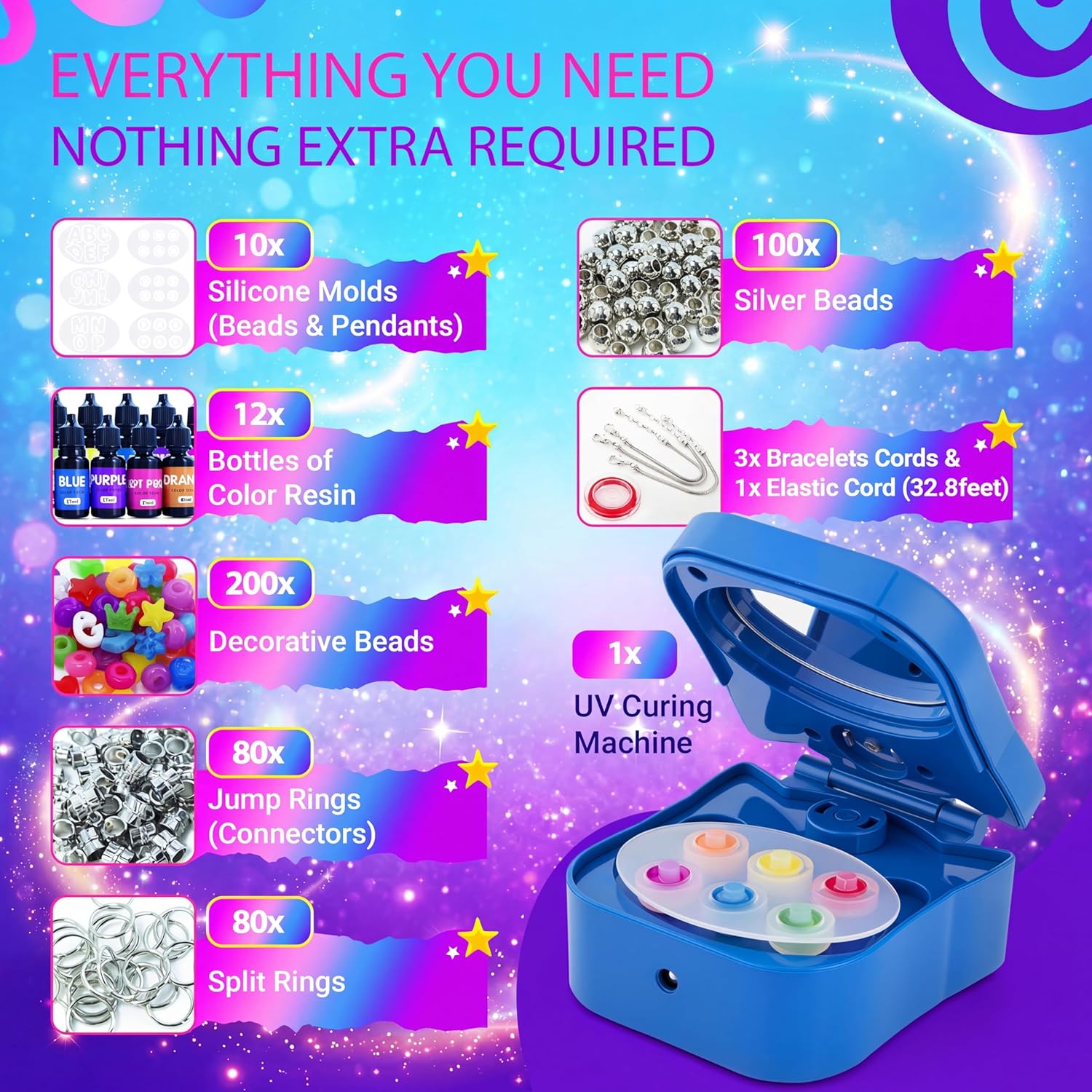 QuTZ Bracelet Making Kit, Making Your Own Beads and Charms with the UV Resins and Curing Station, Design Your Own Kpop & Friendship Bracelets, Jewelry Making Kit for Girls 6+ (12 Glue Set)
