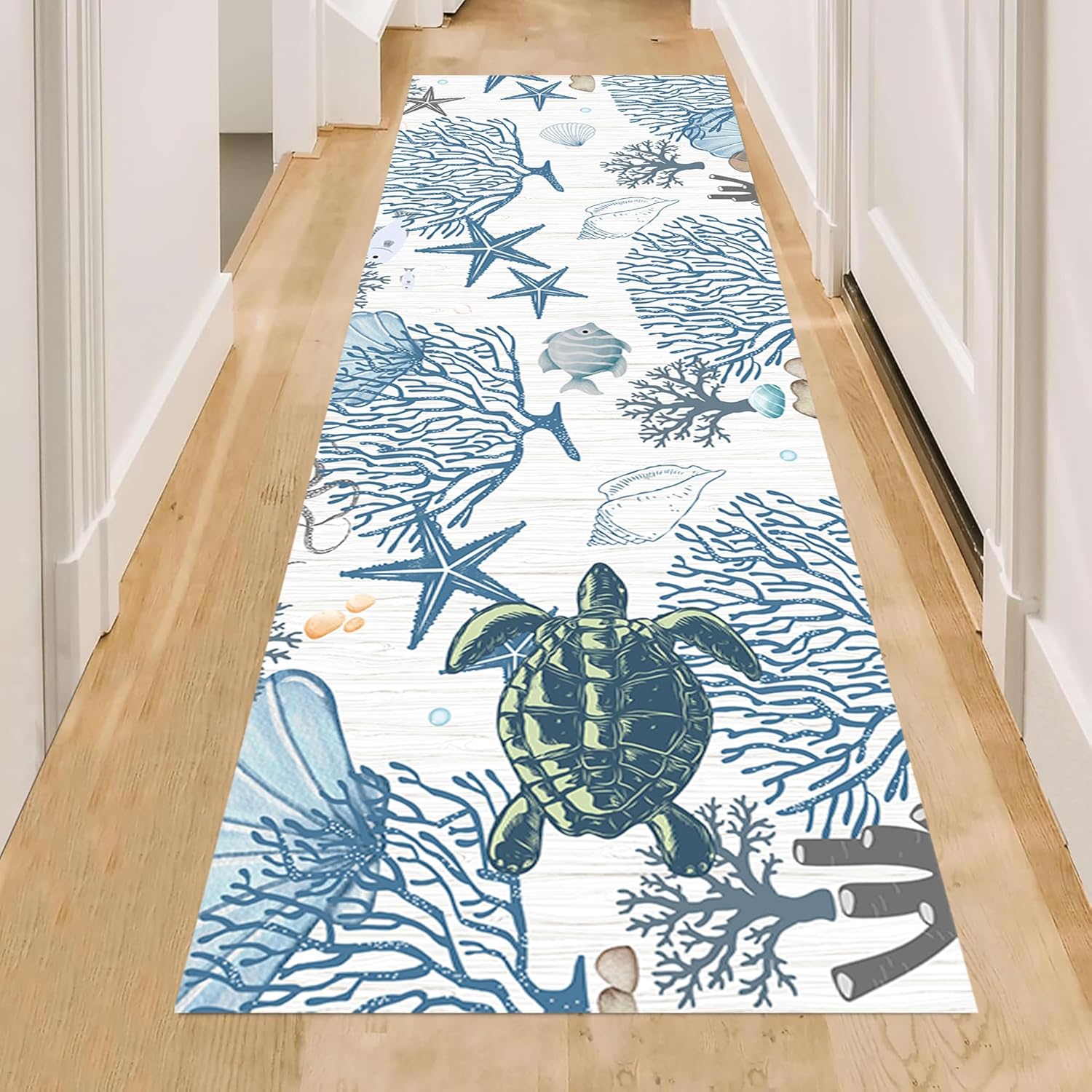 Ocean Turtles Hallway Runner Rug 2x7ft Coastal Beach Themed Coral Starfish Area Rug Runner Washable Non-Slip Entryway Doormat Indoor Entrance Carpet for Kitchen Bathroom Laundry Living Room
