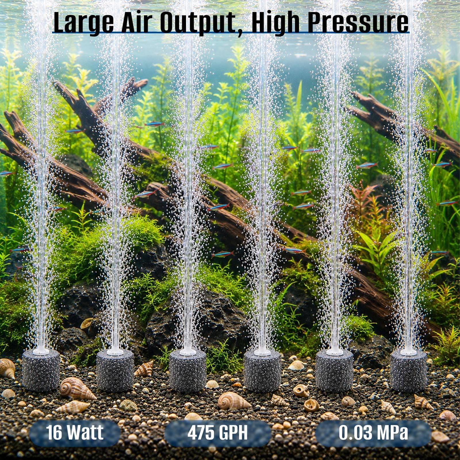 AquaMiracle Bomba de aire silenciosa para peceras 317/475GPH 0.025/0.03MPa 8/16W, bomba de aire de alta presión para acuario, bomba de aire comercial, aireador de estanque, burbujeador, bomba de aire