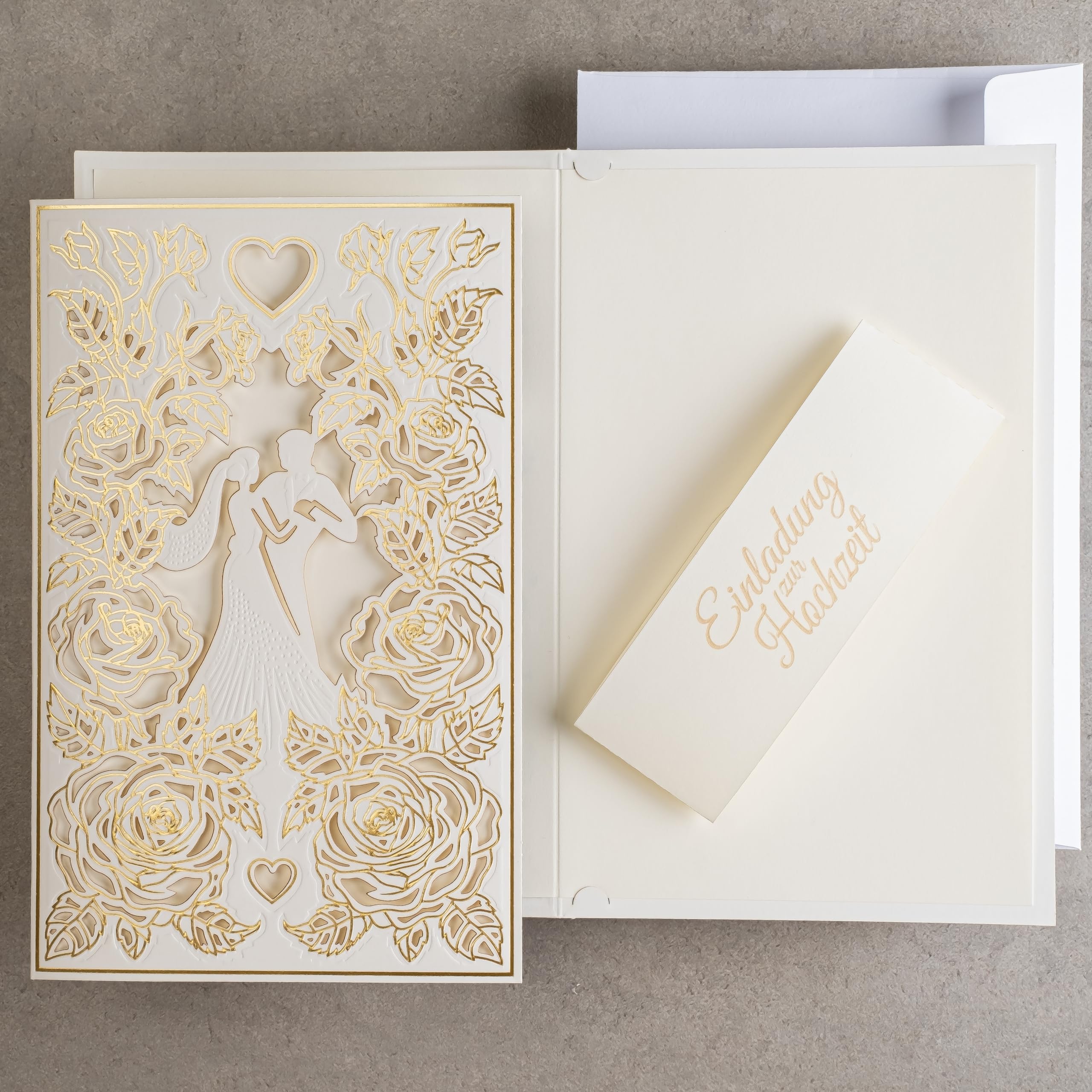 20 invitaciones de boda de 130 x 205 mm, con inserciones y sobres imprimibles para boda, corte láser, acabado con lámina dorada. Patrón prensado con inscripciones grabadas ZAP_DE_09