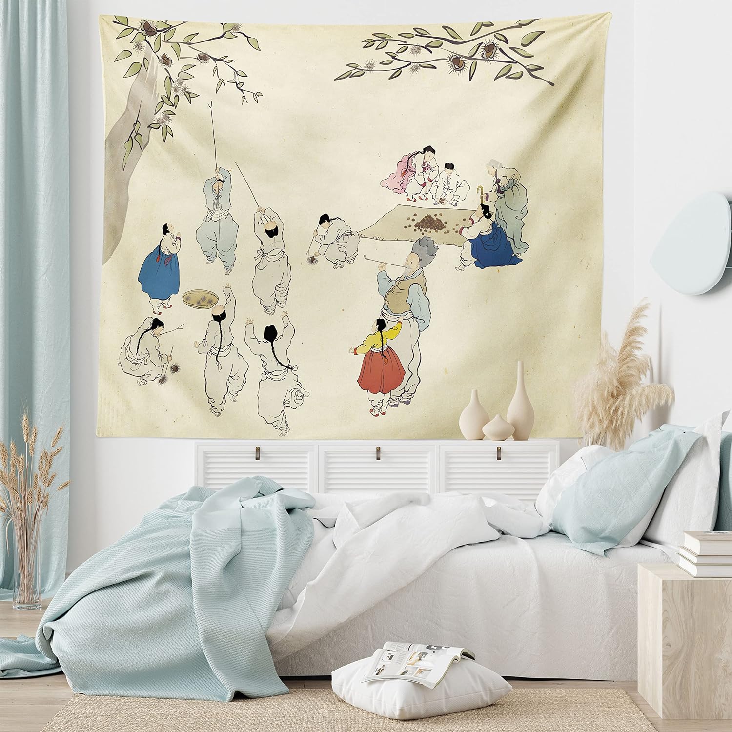 Lunarable Asian Tapestry, Korean Folk Painting Minhwa Chestnut Tree Fruit Picking Season in Autumn, Fabric Wall Hanging Decor for Bedroom Living Room Dorm, 45" X 30", Eggshell and Multicolor