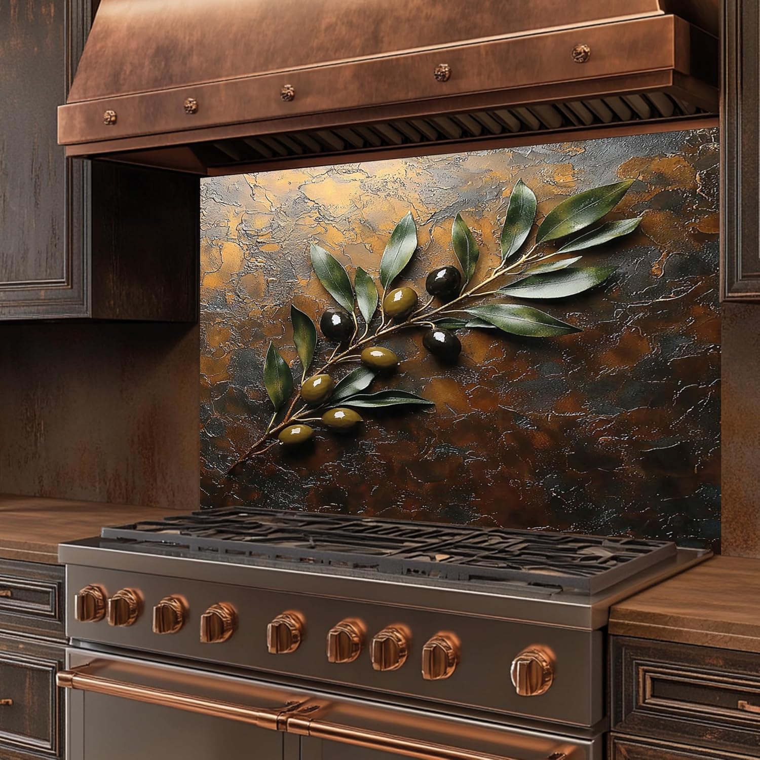 Tempered Glass Backsplash for Kitchen, Olive Branch Copper Design Glass Backsplash, Copper Look Backsplash for Kitchen Wall, Rustic Kitchen Backsplash, Easy to Install Stove Backsplash