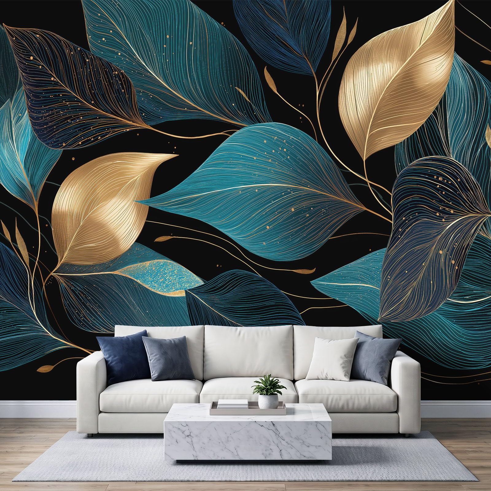 Tapeta mural tropikalny morski złote liście zdjęcie tapeta 390 x 260 cm