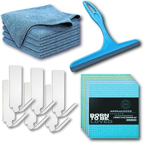 ORBON Complete Home Care - Limpiaparabrisas para ventana, 5 paños de microfibra, 5 toallitas de esponja de cocina suecas, 6 ganchos autoadhesivos