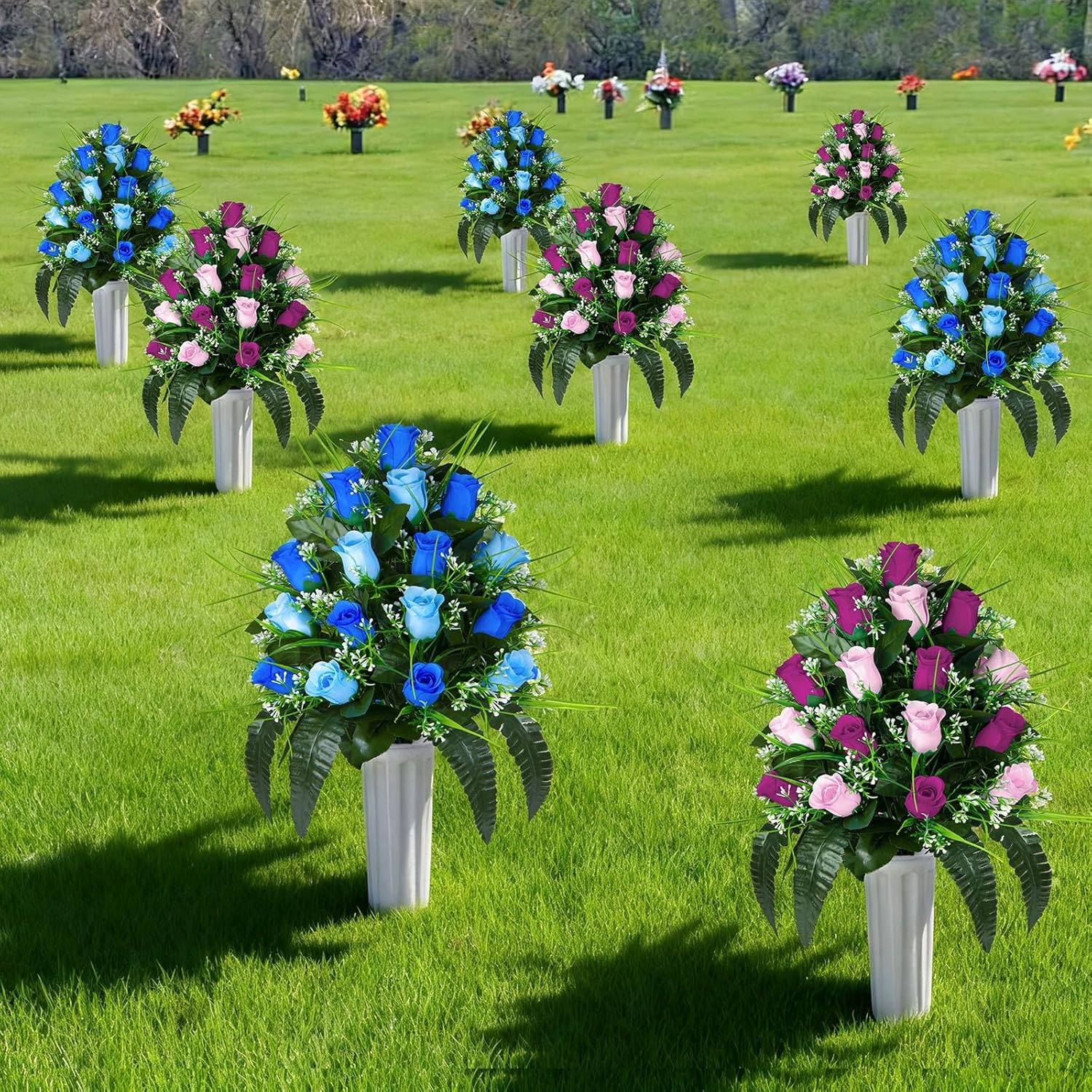 XONOR 2 Sets Artificial Cemetery Flowers, Grave Decorations Roses, Memorial Flowers Bouquet with Vase for Grave Cemetery Decoration (Purple&Pink)