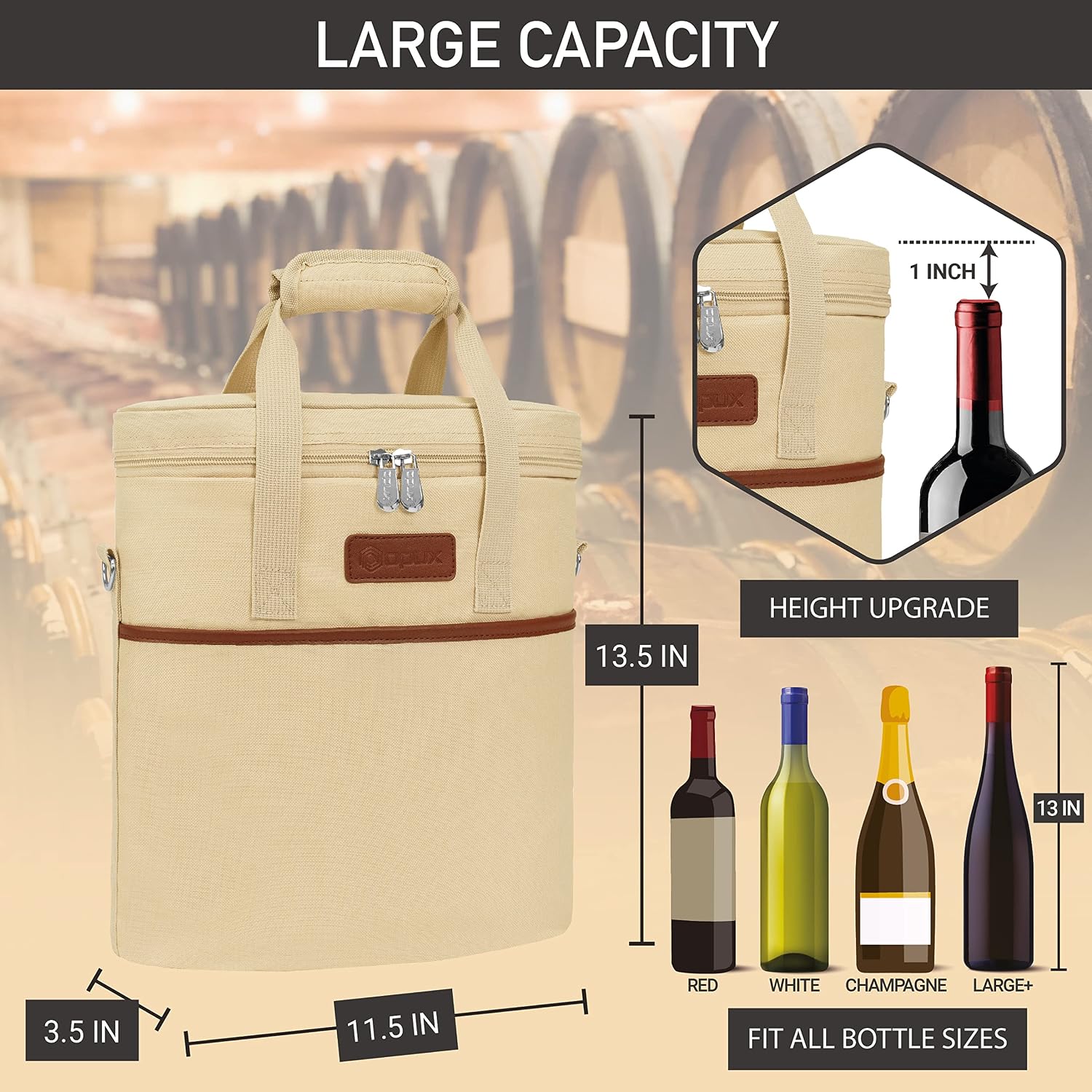 Opux 3 Bottle Insulated Leakproof Wine Cooler Bag, Tote for Picnic Beach, Portable Carrying Case, Cream image 3