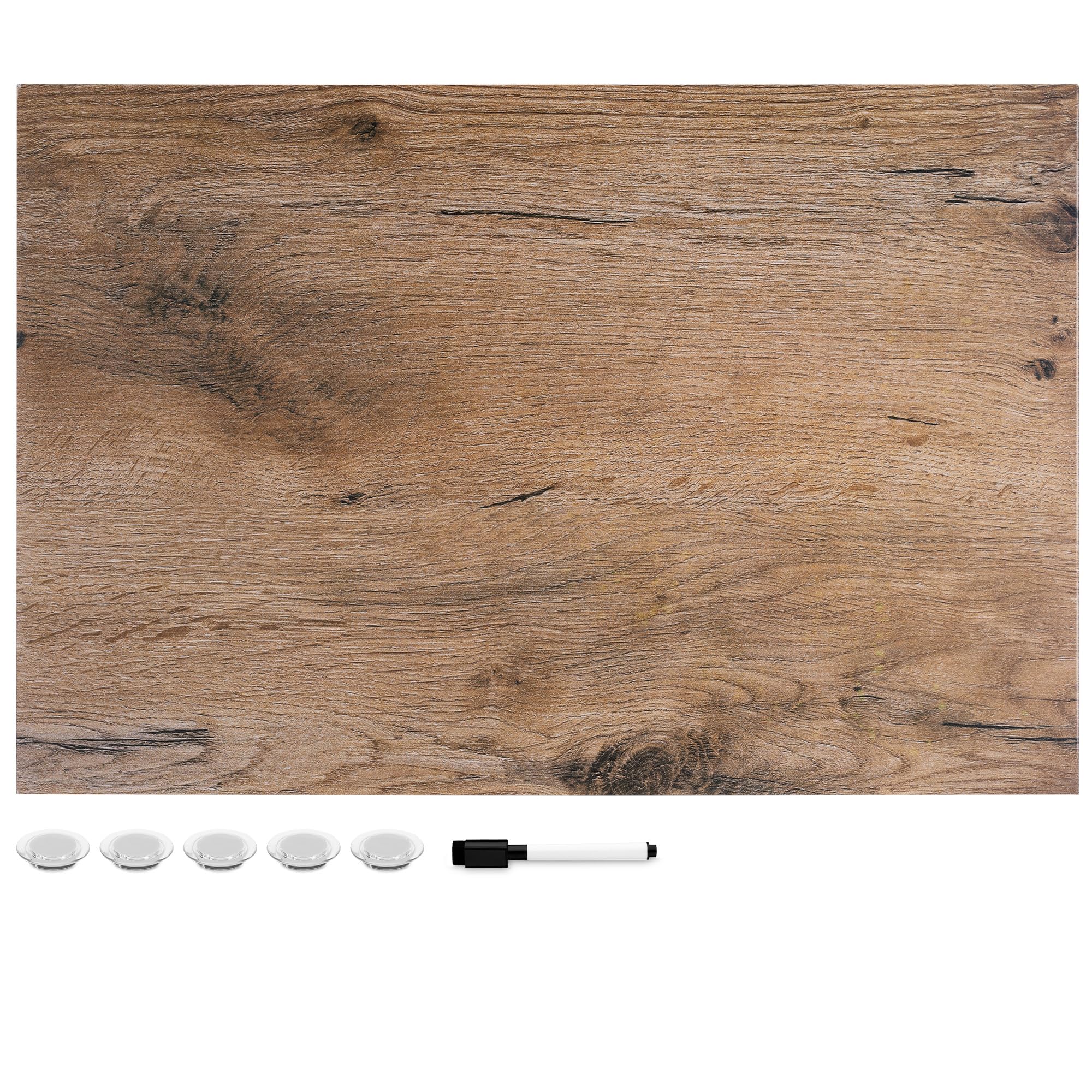 Condition photo showing New/Like New for Navaris Magnetic Dry Erase Board - 16 x 24 inches Decorative White Board for Wall with Design, Includes 5 Magnets and Marker - Dark Wood