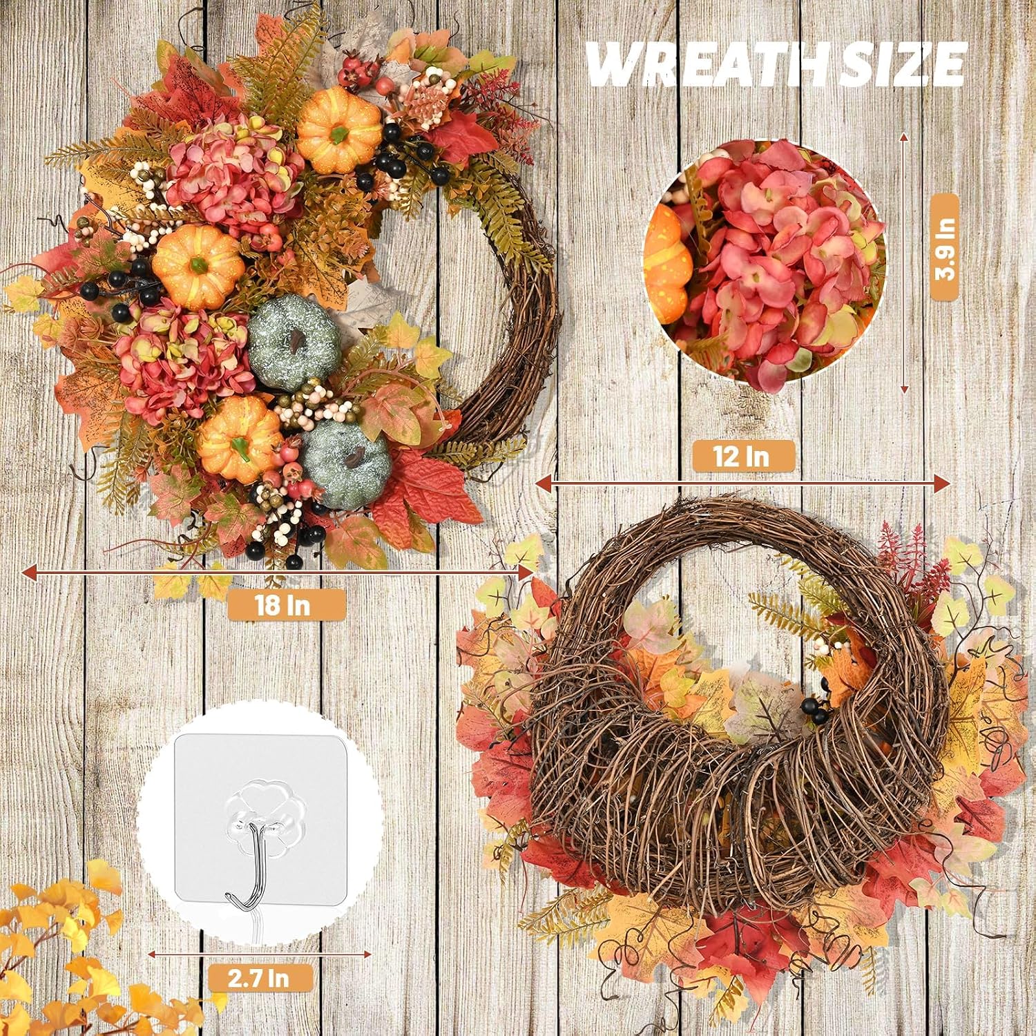 BLEUM CADE Fall Decor - 18‌″‌ Small Asymmetrical Fall Wreath for Front Door | Autumn Wreath for Indoor Outdoor Porch Wall Window, Farmhouse Style Perfect for Thanksgiving Seasonal Home Decor (1 Pack)