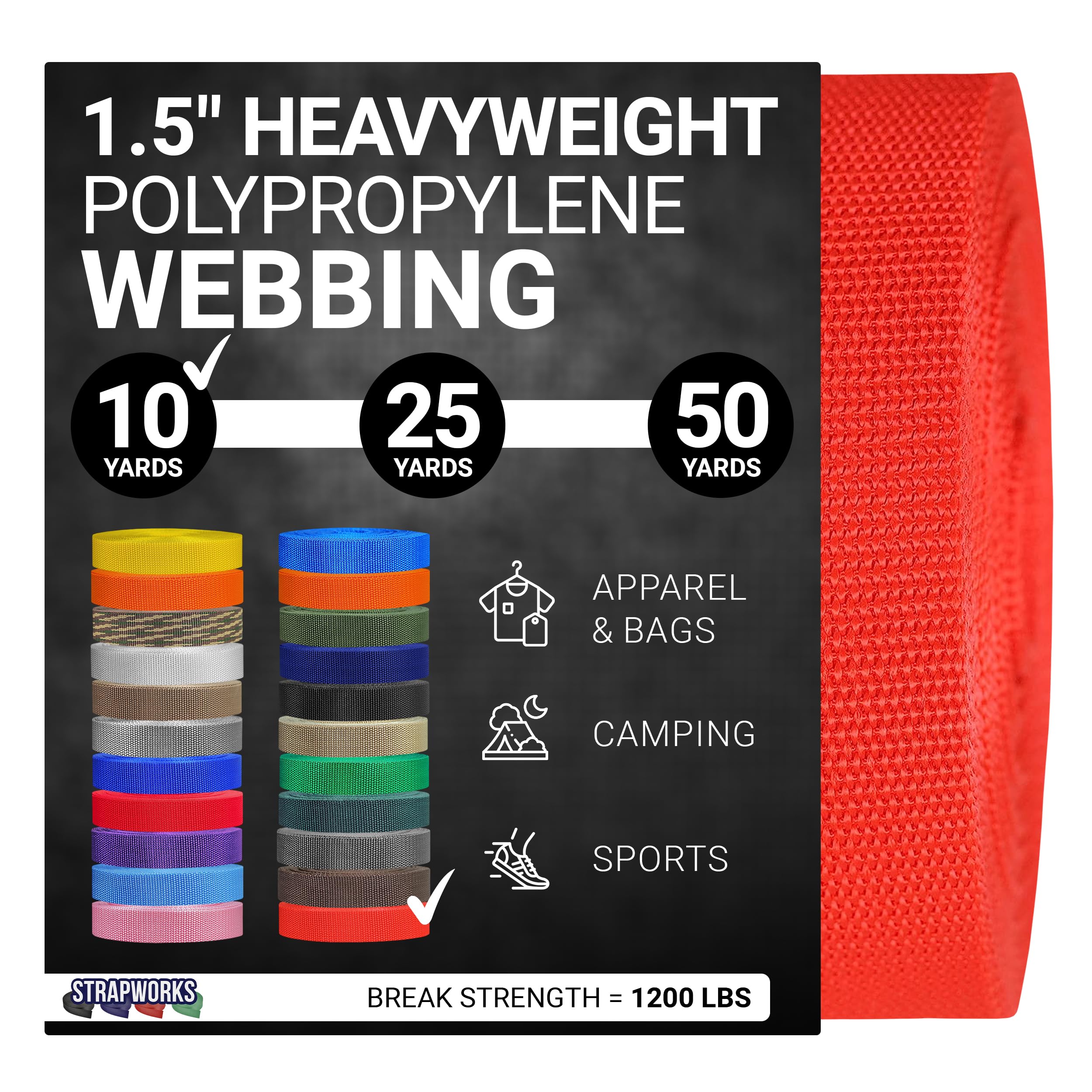 Strapworks Heavyweight Polypropylene Webbing - Heavy Duty Poly Strapping for Outdoor DIY Gear Repair, 1.5 Inch x 10 Yards, Blood Orange โ image 1