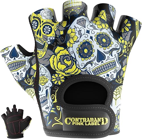 Contraband Pink Label 5237 Designer Series Workout Gloves for Women Sugar Skull Print Weight Lifting Gloves for Women wGrip-Lock Padding Gym