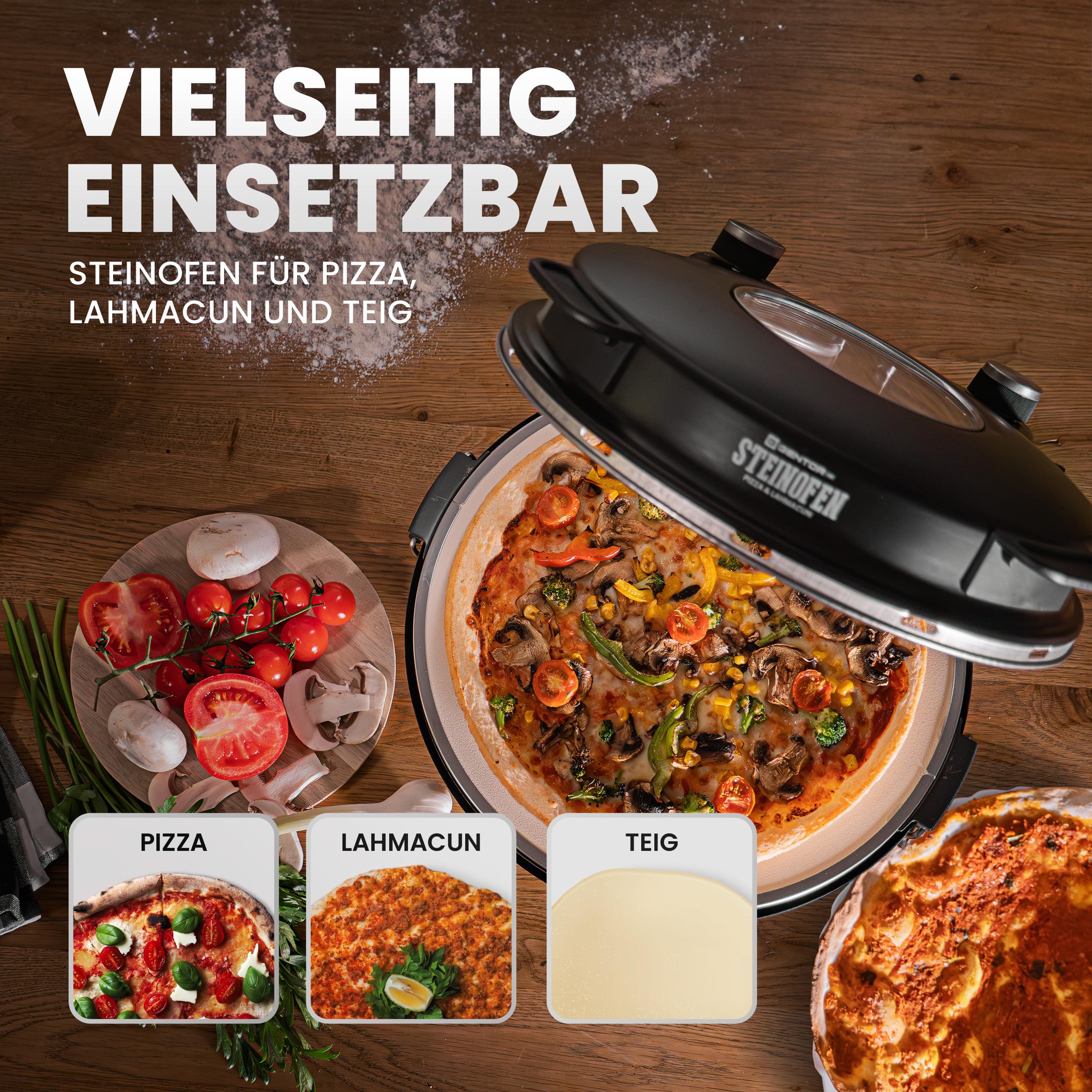 Pizzaofen elektrisch mit Pizzastein – Pizzamaker 1200W bis 400 Grad – Elektrischer Ofen für Zuhause & Outdoor – Timer & Sichtfenster – Mini Backofen für Pizza wie vom Steinofen
