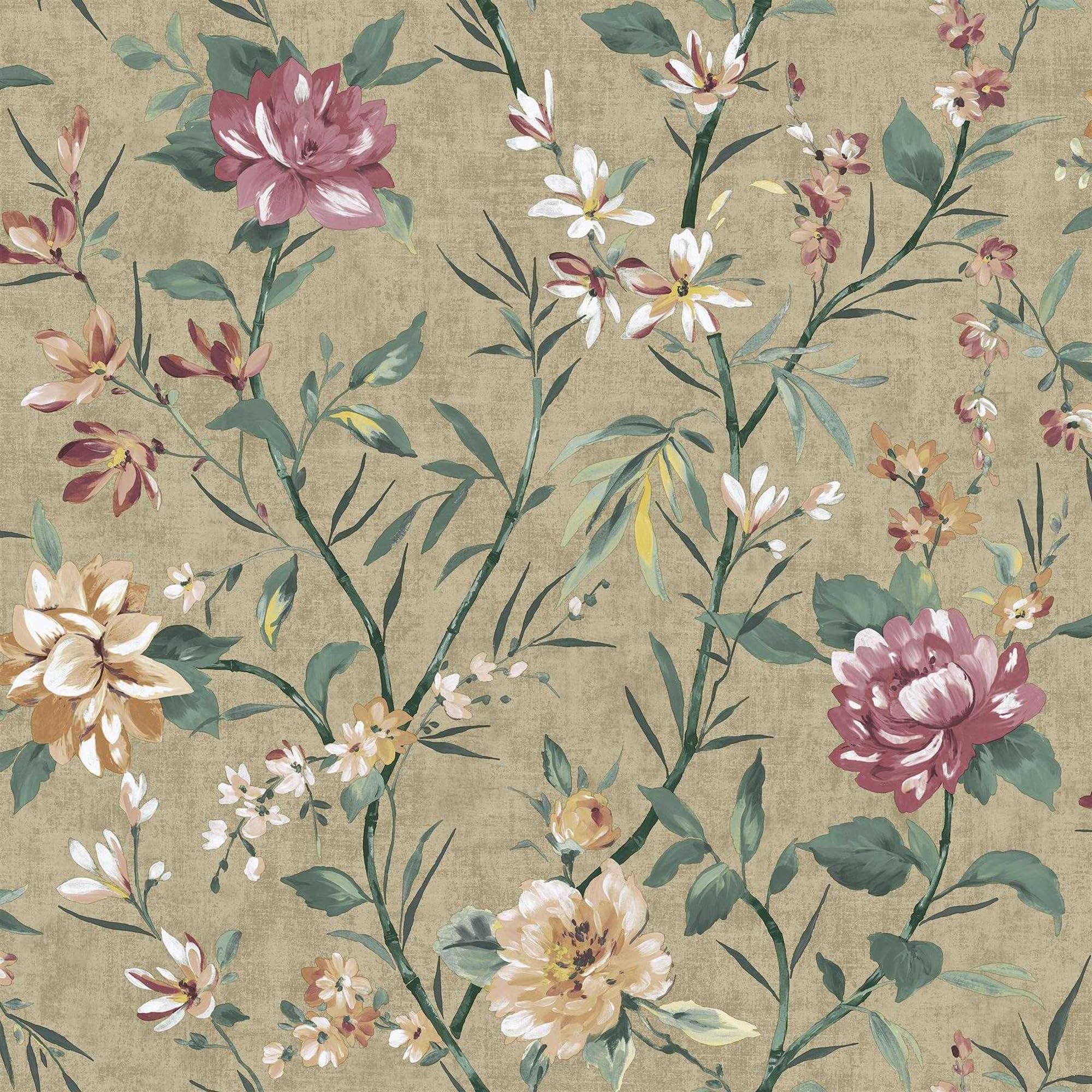 Holden Decor Pink/Orange/Blue Holden Eastern Horizons Oriental Trail Wallpaper - Floral Flowers Botanical Naturistic - Stylish Trendy Feature Wall Taupe (13821)