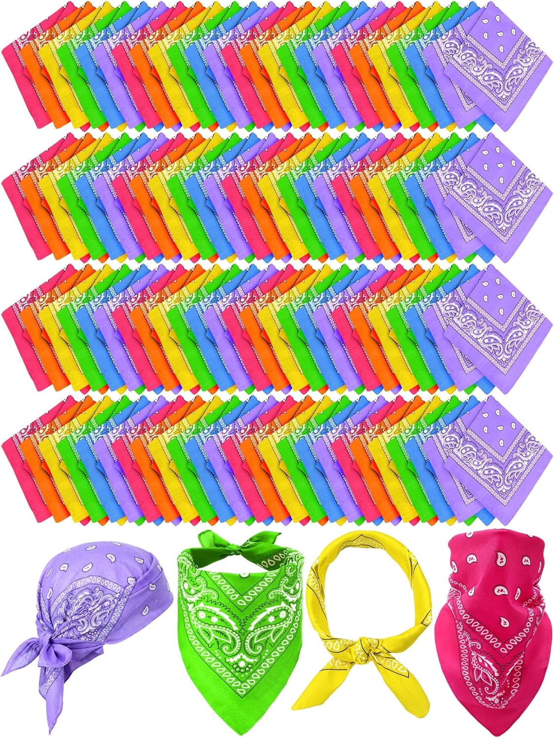 Unittype 12-120 Pcs Neon Bandanas Paisley Bandana Unisex Novelty Headband Cowboy Square Scarves for Western 80s Party Costume