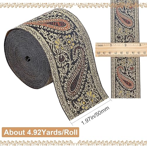 Miniatura 2 de GORGECRAFT Cinta jacquard metálica de 4.9 yardas, 2 pulgadas de ancho, bordado, cinta bohemia de poliéster plana con patrón de lágrima, tela de