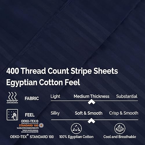 Miniatura 8 de Superior Juego de sábanas y fundas de almohada de algodón peinado de 400 hilos, 3 piezas, rayas, tamaño individual XL, color gris pardo