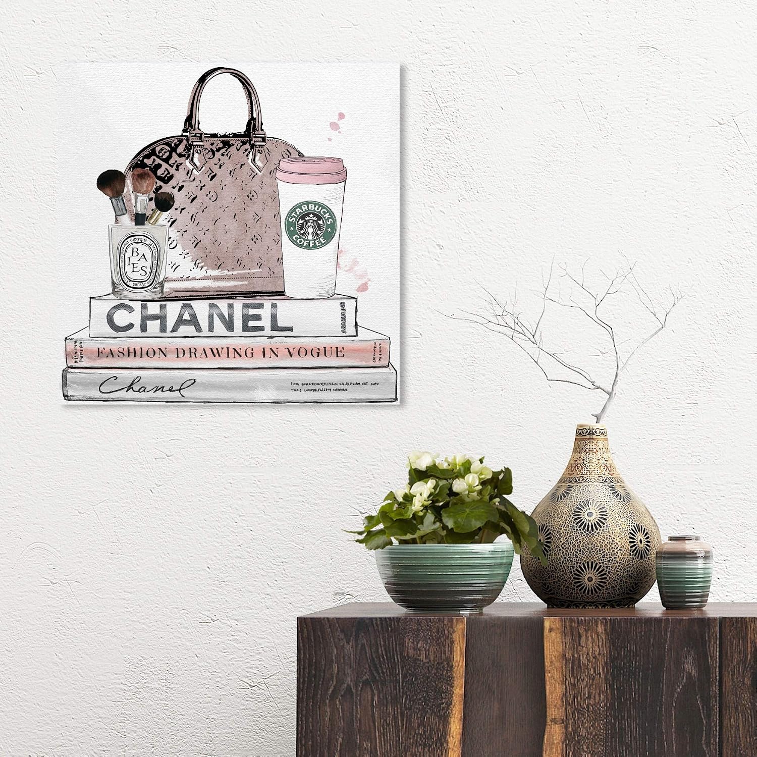 The Oliver Gal Artist Co. Blush and Make Up Brush | Modern Premium Canvas Print The Fashion Wall Art Decor Collection, 16" x 16", Pastel Pink