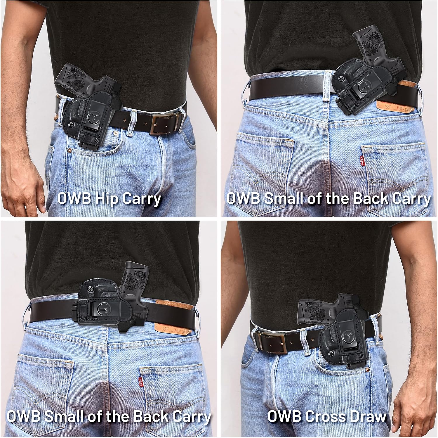 4 in 1 Multi Position IWB/OWB Leather Holster Optic Ready. Leather Gun Holster Glock 26 27, Taurus G2C G3C, Shield 9mm w CT Laser.