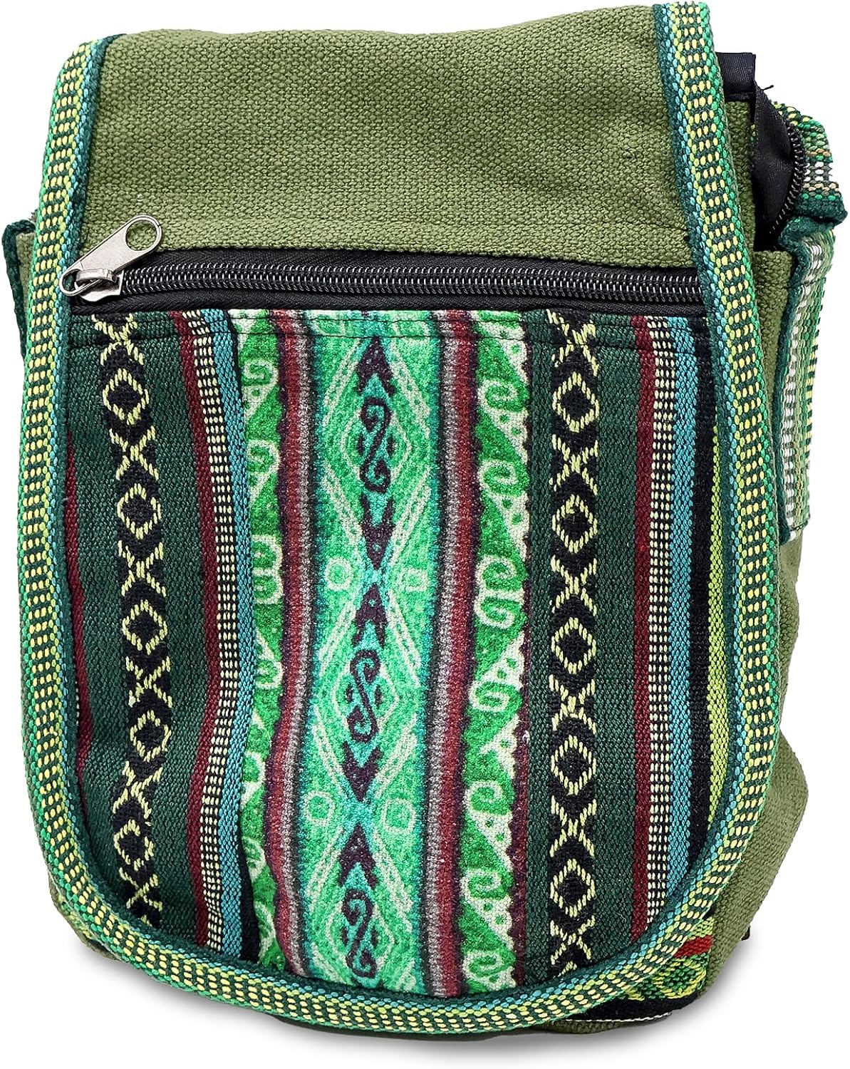 Hemp Crossbody Messenger Bag, a Himalayan handmade bag features a zipper closure, a spacious main compartment a stylish geometric pattern.