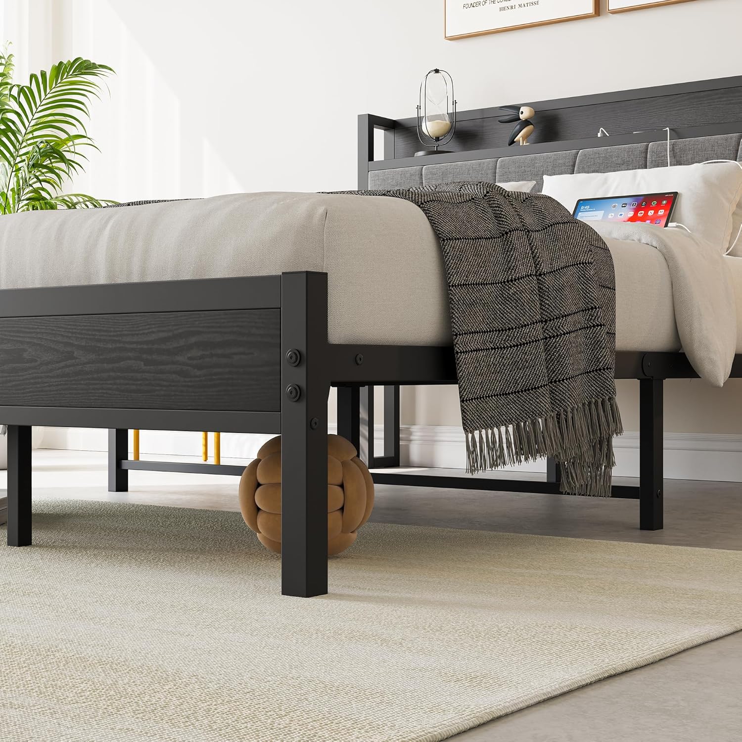 Full Size Bed Frame with Headboard Storage, Full Bed Frame with Charging Station, Full Size Beds Frame with Heavy Duty Metal Slats, No Box Spring Need, Easy Assembly, Black