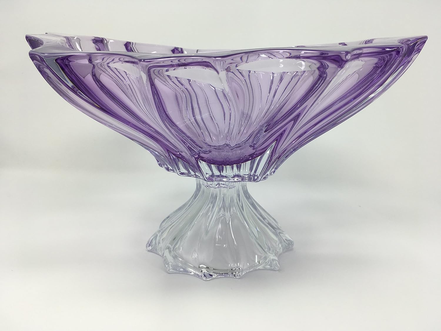 Bohemia Crystal Glass Footed Bowl – Vase, 13”Dia “Plantica” Amethyst Purple Decorative Wedding Elegant Centerpiece Vintage European Czech Design