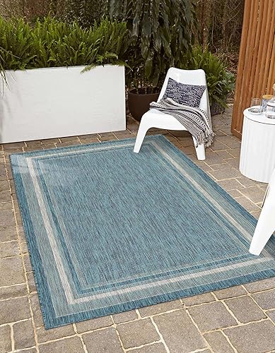 Vista 270 de Unique Loom - Colección Outdoor Border - Tapete para exteriores de borde suave - 5 pies 3 pulgadas x 8 pies, rectangular, azul/marfil azu/marfil