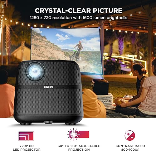 Miniatura 3 de ION Proyector LED portátil para exteriores con altavoces de 70 W, Bluetooth, batería recargable, micrófono, conexiones USB y HDMI, 720P HD