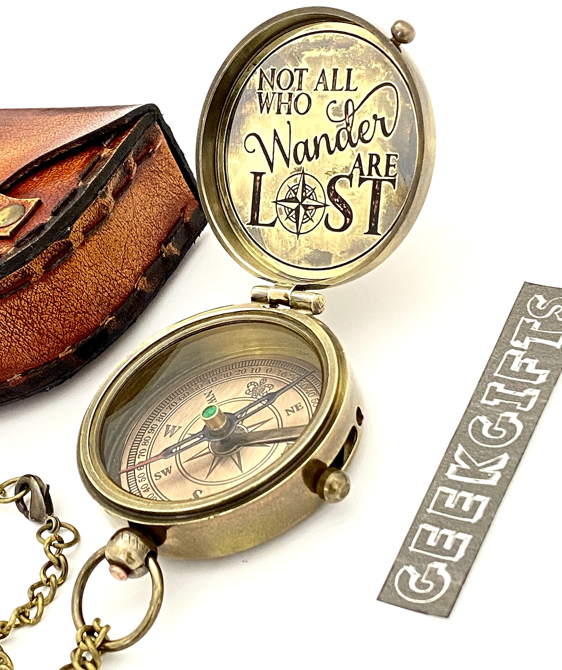 Brújula de bolsillo – Brújula de latón – Brújula grabada – Not All Wander are Lost – Regalo retro steampunk, brújula náutica con caja de cuero