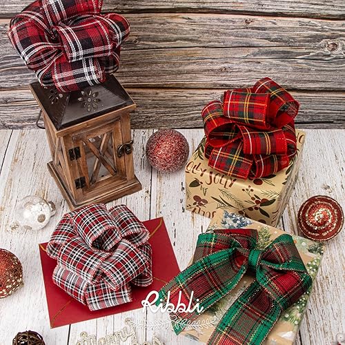 Miniatura 4 de Ribbli - Cinta Navideña con Alambre, Diseño a Cuadros Navideño de Arpillera 2-12 pulgadas x 10 Yardas Continuas para Adorno de Árbol, Lazo, Corona