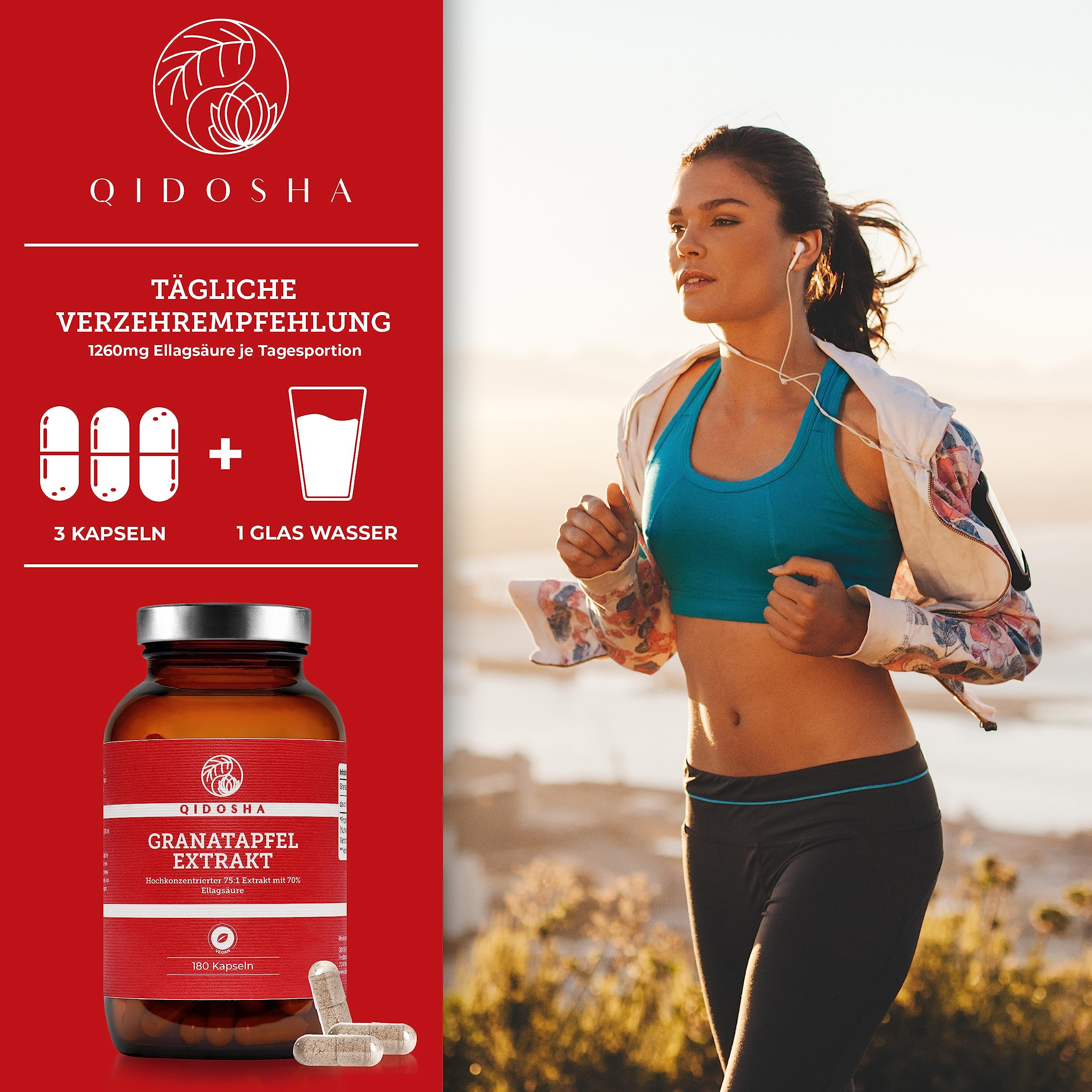 QIDOSHA® Granatapfel Extrakt Kapseln hochdosiert, 70% Ellagsäure, 180 Stk/Glas, 75:1 Premium-Extrakt mit 1800mg Granatapfel Extrakt je Tagesportion, vegan, deutsche Fertigung